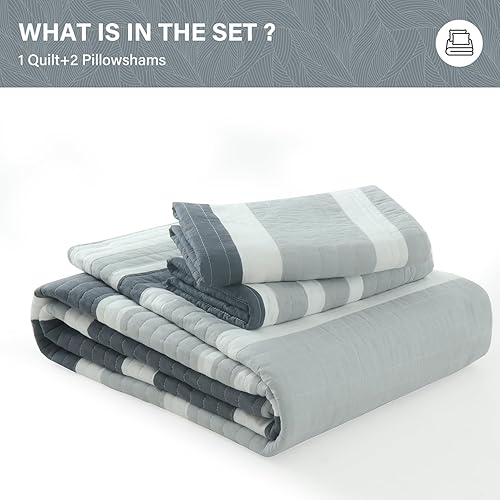 Miniatura 6 de SahSahCasa Juego de edredón tamaño King, juego de edredón 100% algodón, colcha reversible ligera a rayas para cama King, para todas las estaciones,