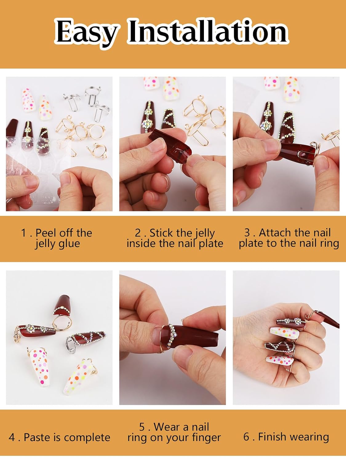 TOROKOM 20Pcs Wudu Nail Rings with Adhesive Nail Tabs, No Glue Reusable Adjustable Fingernail Rings Set for Acrylic Nail, Non-Tarnish Metal Nails Rings for Women Nail Art Decor, Gold and Silver