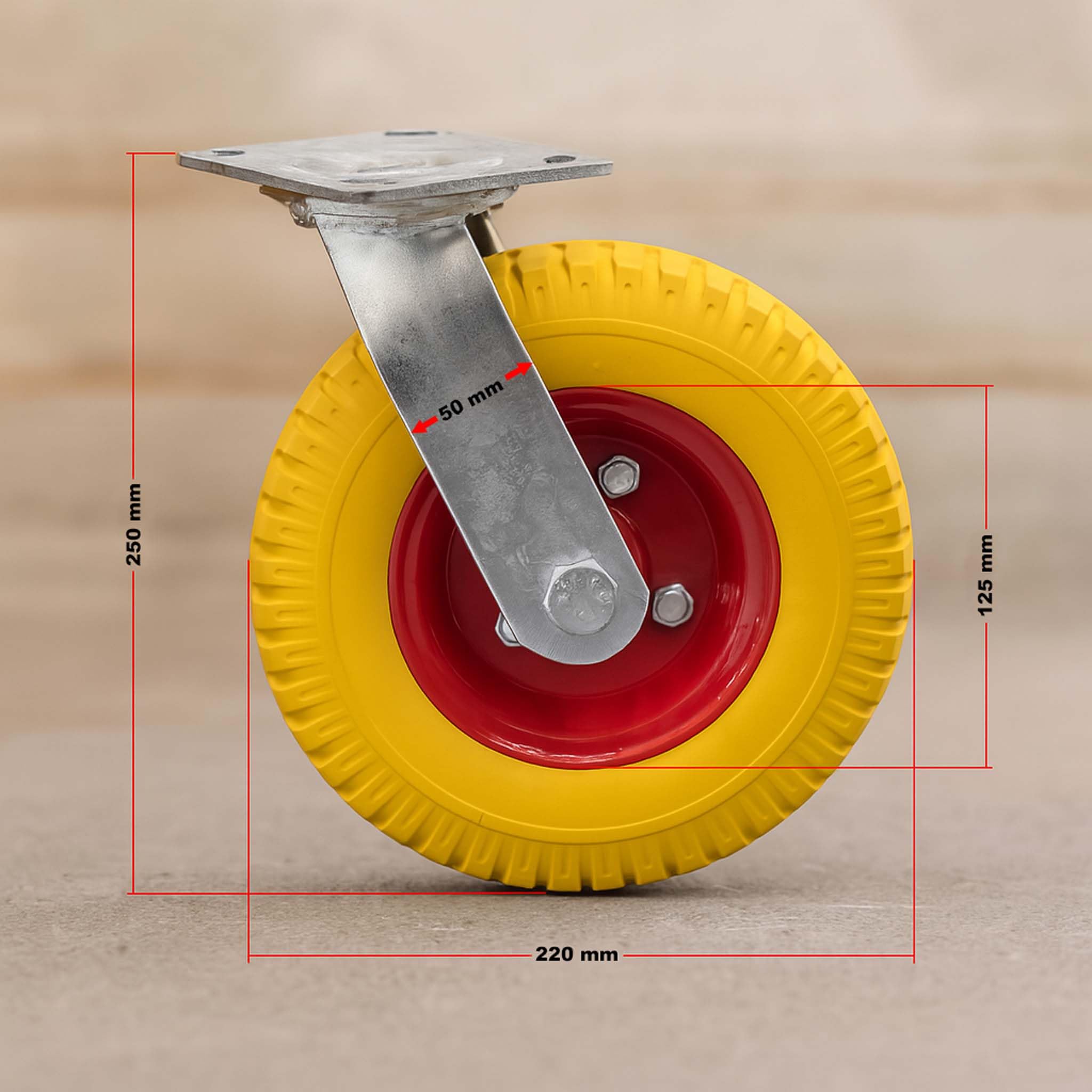Wiltec Zestaw 4 szt. koła obrotowe PU do 100 kg udźwigu na koło, ø220 mm o szerokości 58 mm, żółte kółka transportowe z płytką mocowania, pełna opona