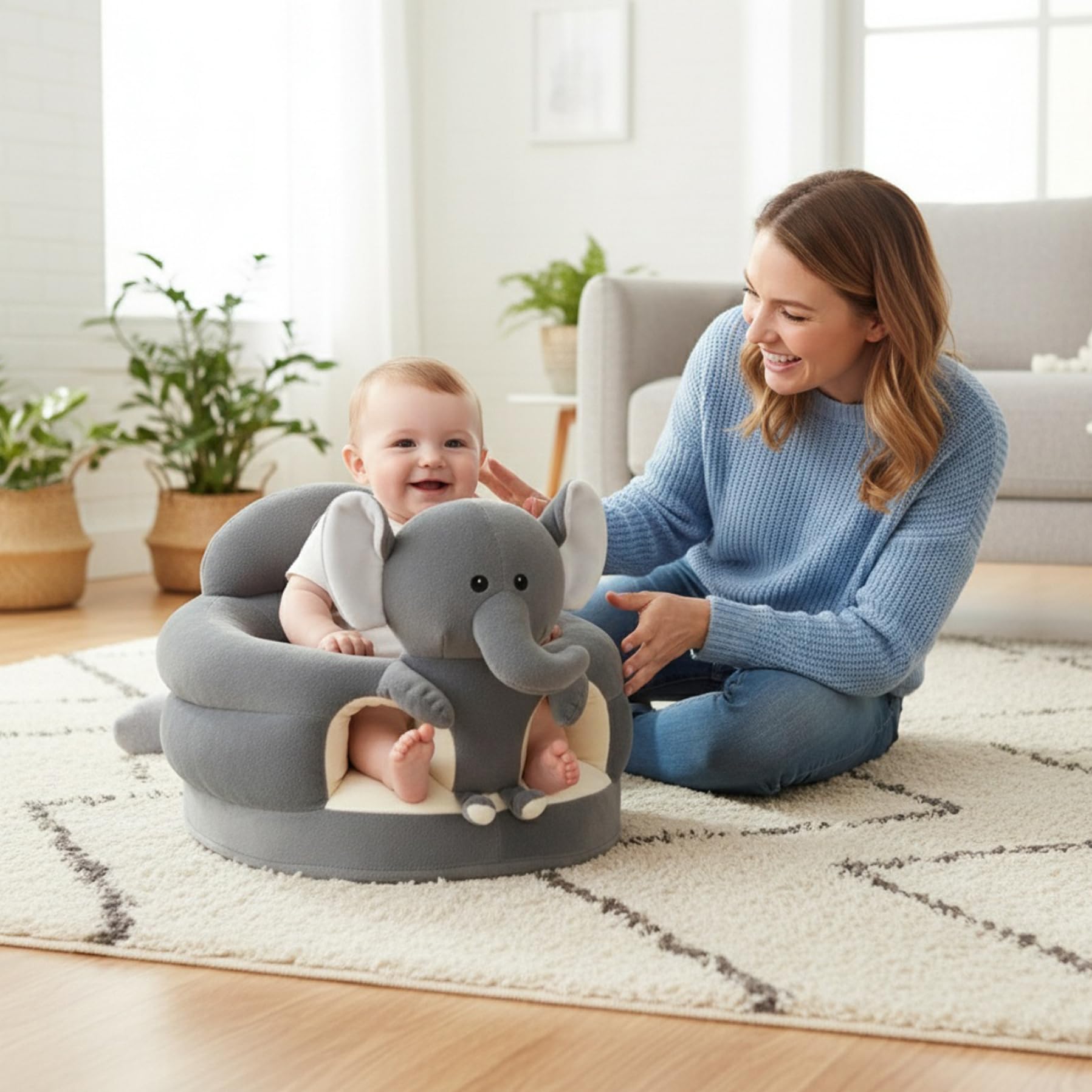 Sit Me Up Seggiolino da Terra per Bambino, Seggiolone da Sit Up, Simpatico Cartone Animato Elefante Grigio Seggiolone in Peluche per Camera da Letto, Soggiorno, Asilo Nido, Appartamento