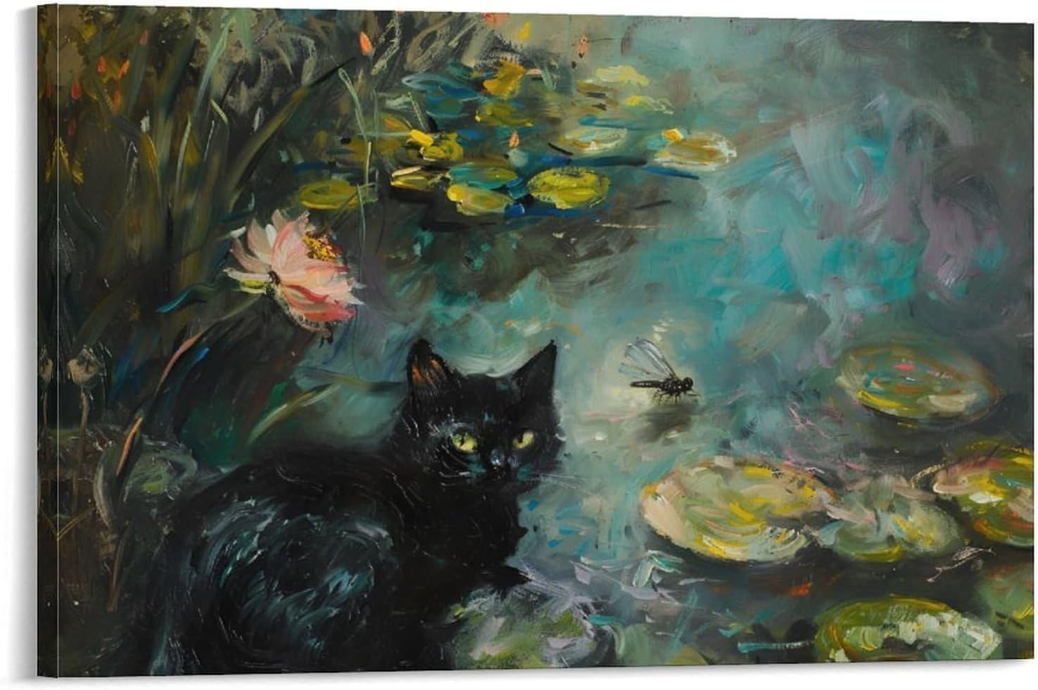 Amazon.com: Black Cat And Monet Lotus Picture Wall Art Canvas Painting ...