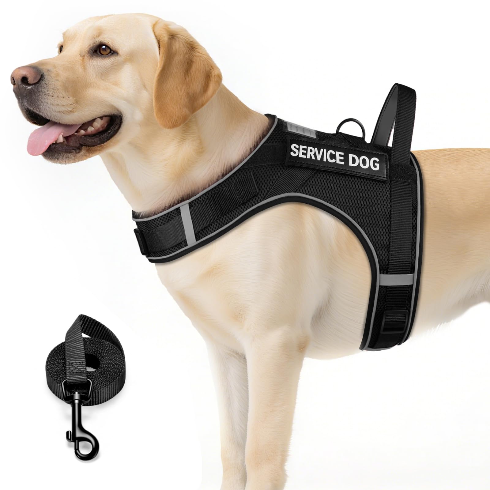 FAYOGOO Service Dog Vest for Large Dogs - Air Mesh Breathble Emotional Support Animal Vest with DIY Removable Patches - Dog Harness and Leash Set Adjustable Neck and Chest(Black,XL)