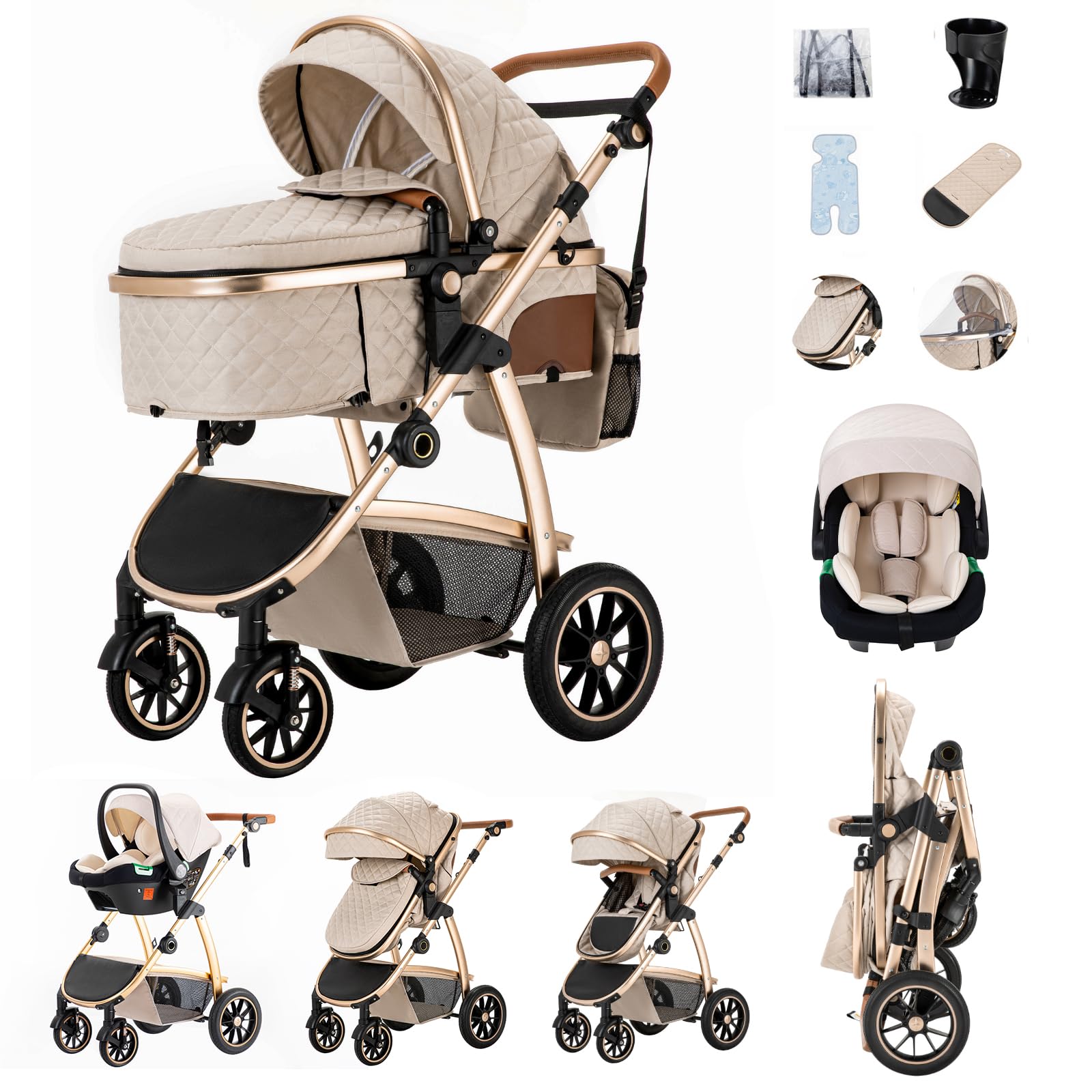 Zkiprm Passeggino 3 in 1 Passeggino da città con seggiolino auto passeggini e carrozzine Passeggino compatto portatile Braccioli regolabili Protezione dagli urti Telaio in alluminio Bianco