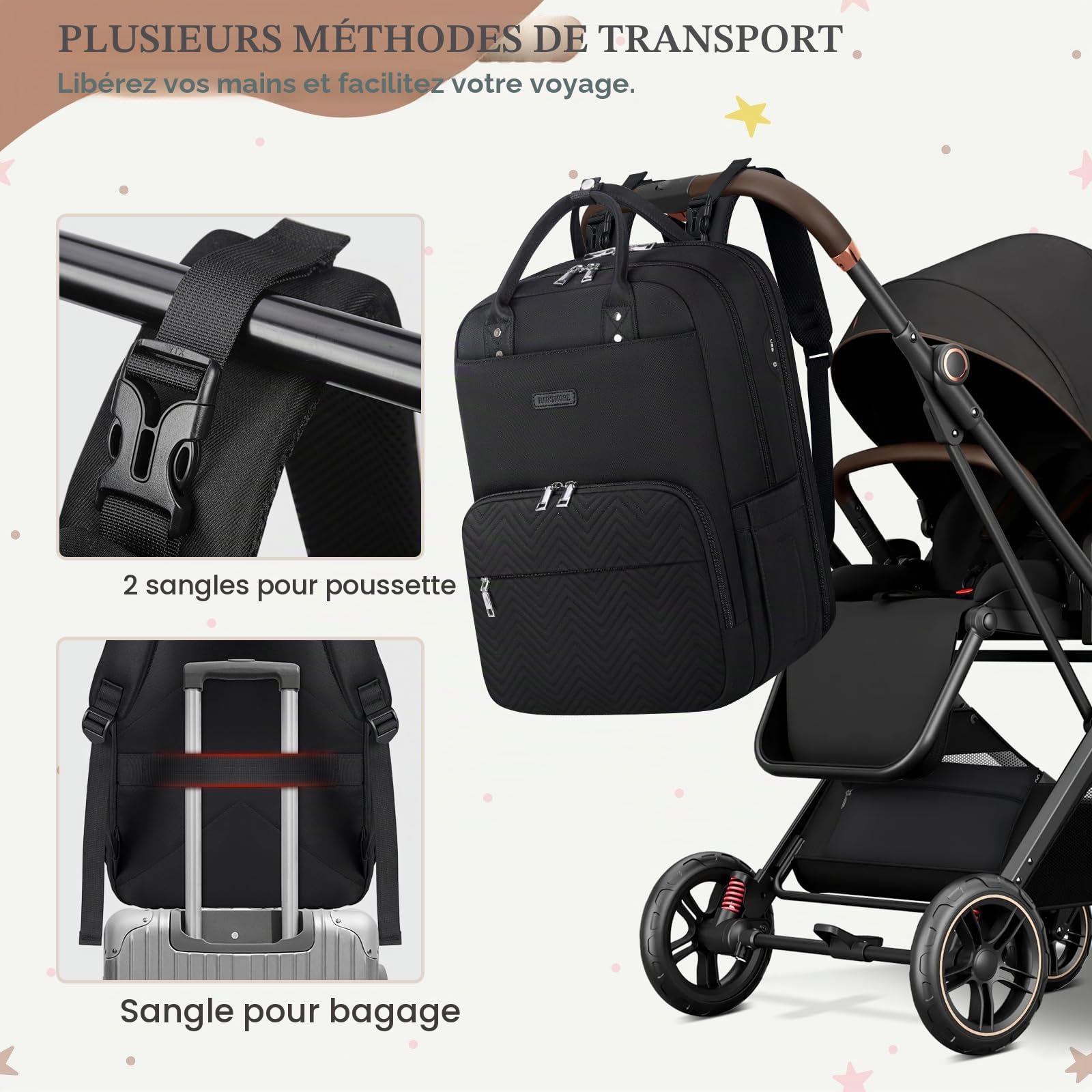 RAINSMORE Sac à Langer Grande Capacité avec Matelas à Langer Portable - Sac à Dos Multifonction avec Sac Isotherme Unisexe Noir