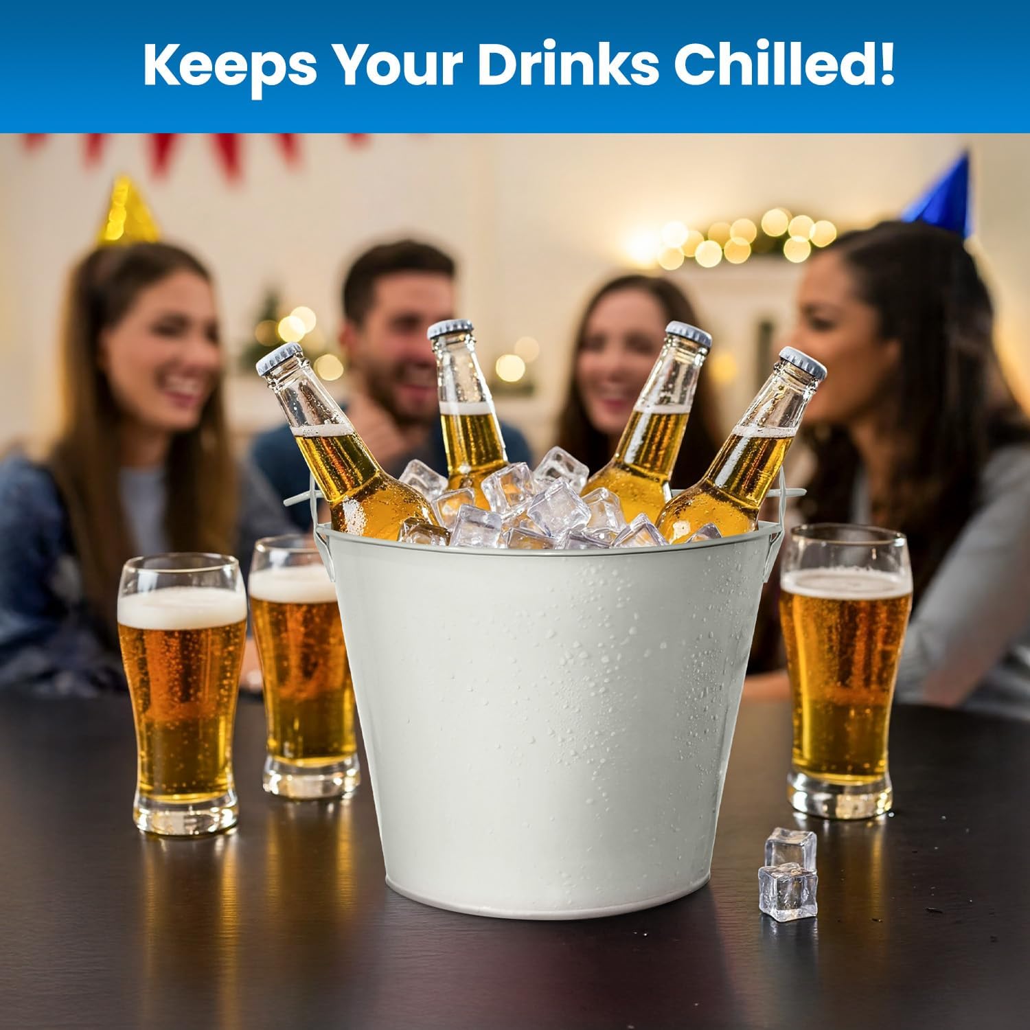 PLEXON Ice Bucket for Parties Coctail Bar Restaurant - Drink Beer Champagne Metal Pail Bucket with Handle, Beverage Chiller, Galvanized Steel, 1.3 Gallon, Off-White, Set of 2