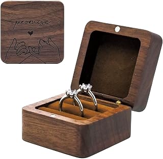 Engagement Wooden Ring Box - Rustic Double Slot Storage Box - Solid Wood Square Vintage Wedding Ring Box (Brown)