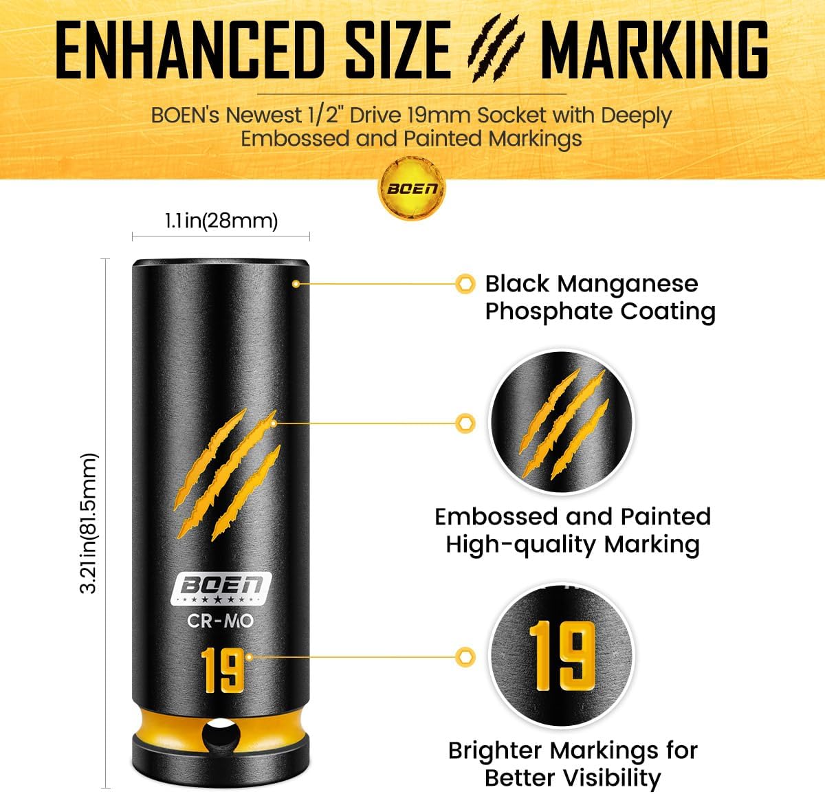 BOEN 1/2" Drive 19mm Deep Impact Socket Set, Chrome-molybdenum Steel, 6-Point Design, Deep Embossed and Painted Marking, Yellow Groove, Black Phosphate Coating