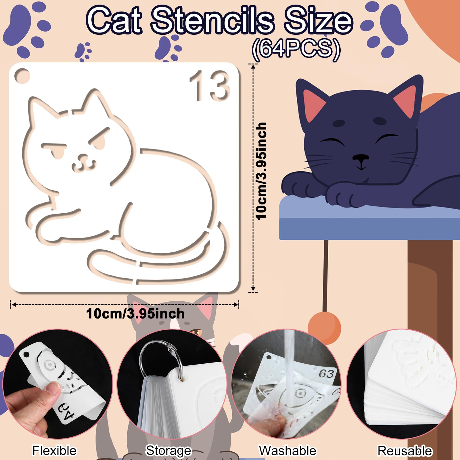 OOTSR 64pcs Cat Stencils for Painting,3.9" Cat Paw Stencils for Crafts Reusable Kitten Stencil for Card Making Animals Crafts on Wall Wood Floor Decor - Image 2