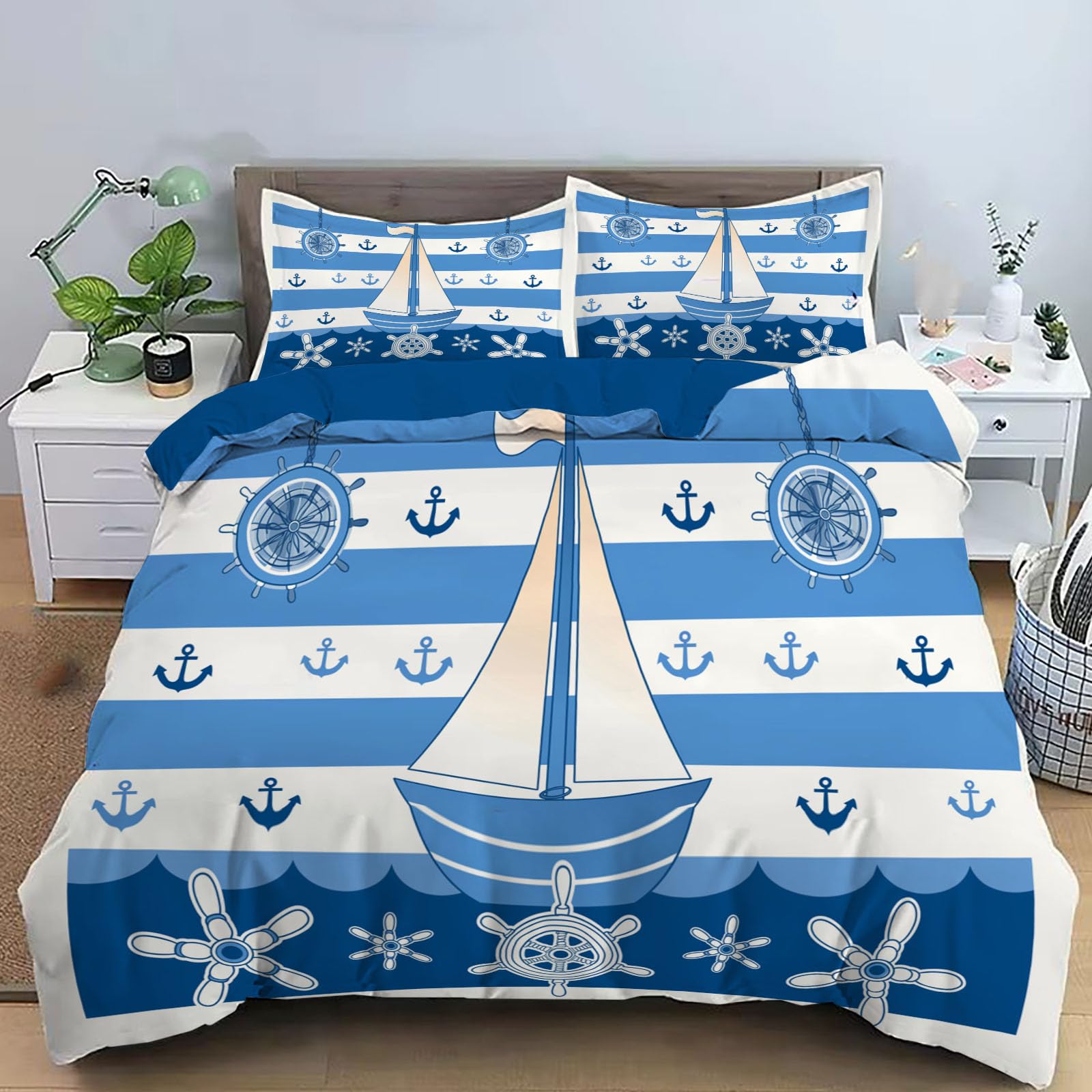 Housse de couette réversible voile cartoon bleu marine parure de lit 140x200cm zipper