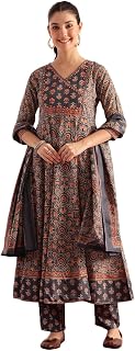 Vbuyz Women's Cotton Kalamkari Print Anarkali Regular Fit Kurta with Pant & Dupatta Price In India