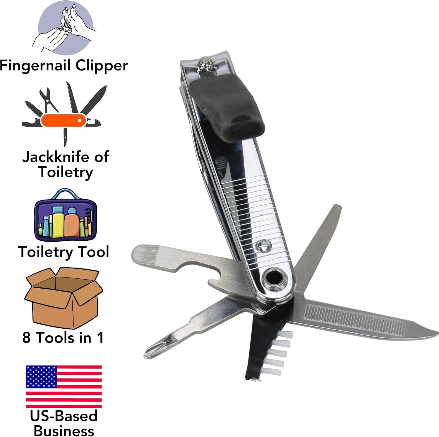 Iconikal 8-in-1 Toenail Clipper Multi Tool with Screwdriver, Brush, File, Pick, Can Opener, Rubberized Grip