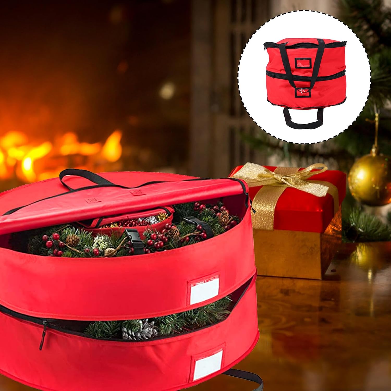 VICASKY Double Layered Christmas Wreath Storage Bag 24 Inch Red Oxford Cloth Sturdy Foldable Garland Holder for Holiday Decoration and Home Organization