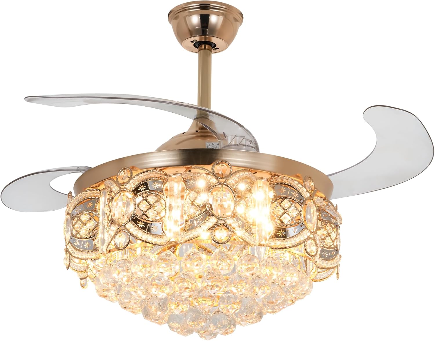 42" Modern Retractable Ceiling Fan with Light and Remote, Crystal Gold Chandelier Ceiling Fan with Reversible Blades 3 Colors Change 3 Speeds Fandelier for Living Room