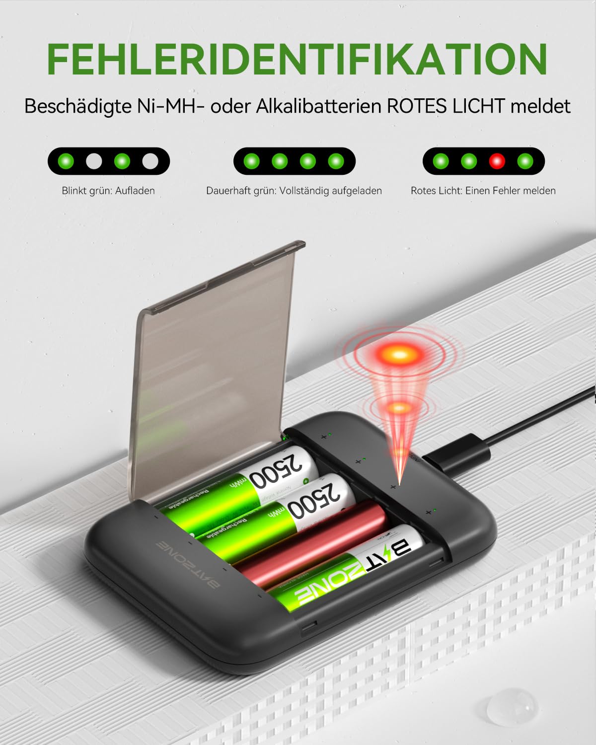 BATZONE Baterie litowo-jonowe AA 4-pak z ładowarką, 2500 mAh Wysoka pojemność 1,5 V baterie AA