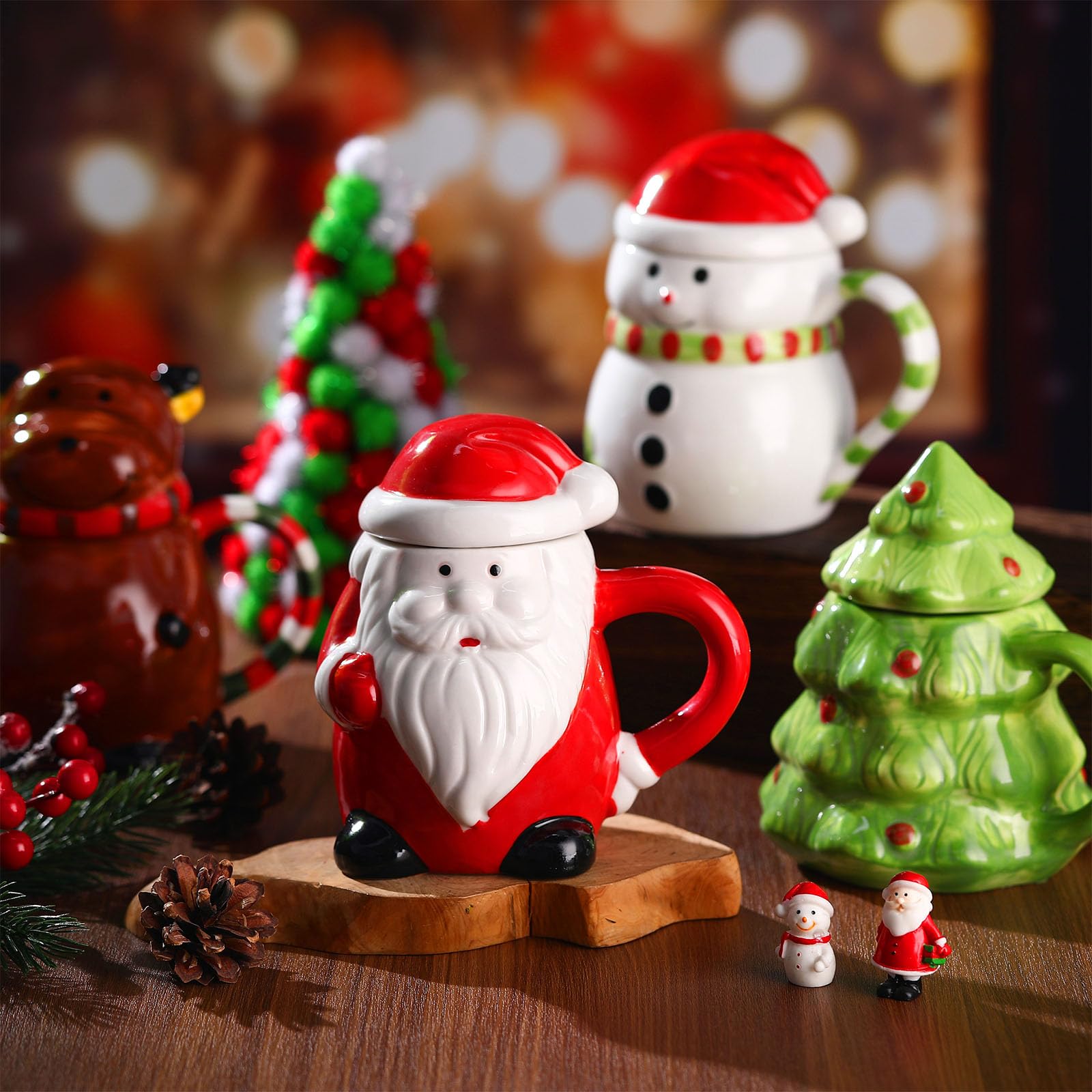 Baderke Niedliche Weihnachtstasse mit Deckel, 4-teiliges Set, 400 ml, Keramik-Kaffeetasse, Weihnachtsmann, Schneemann, Rentier, Weihnachtsbaum, Porzellan, Latte-Teetasse für Urlaub, Weihnachten,