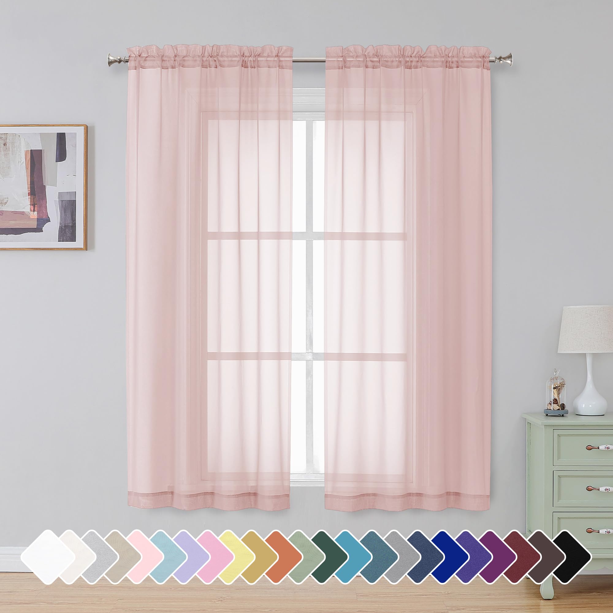 Simplebrand Blush Sheer Curtains 63 Inch Length 2 Panels for Bedroom