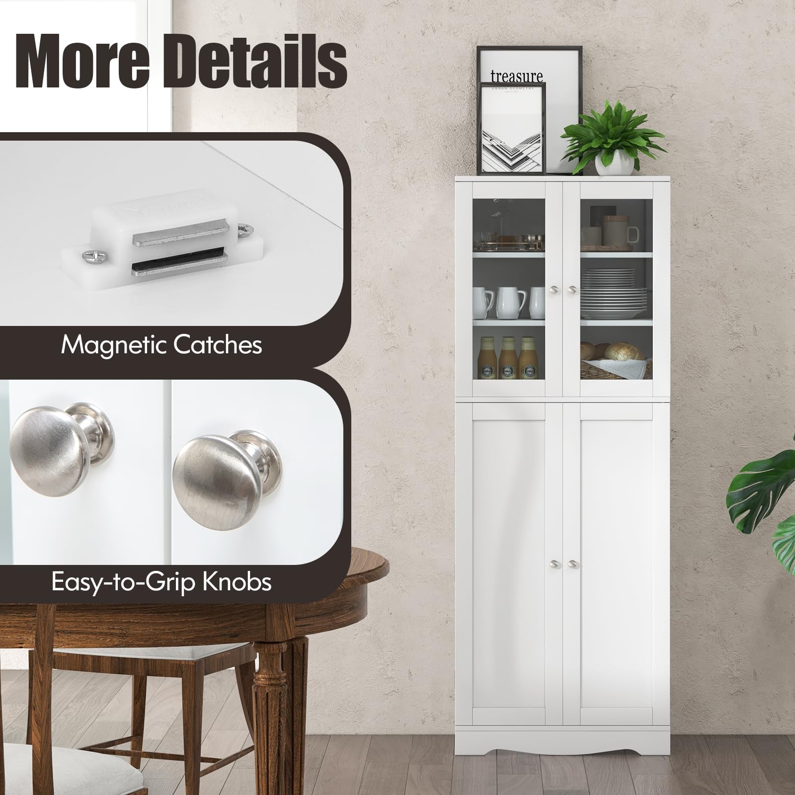 KOMFOTTEU Credenza da Cucina con Anta Multi-Stoccaggio, Mobile Cucina Dispensa con Dispositivo Antiribaltamento, Armadio di Stoccaggio, 60 x 31,5 x 161,5 cm, per Soggiorno, Sala da Pranzo (Bianco)