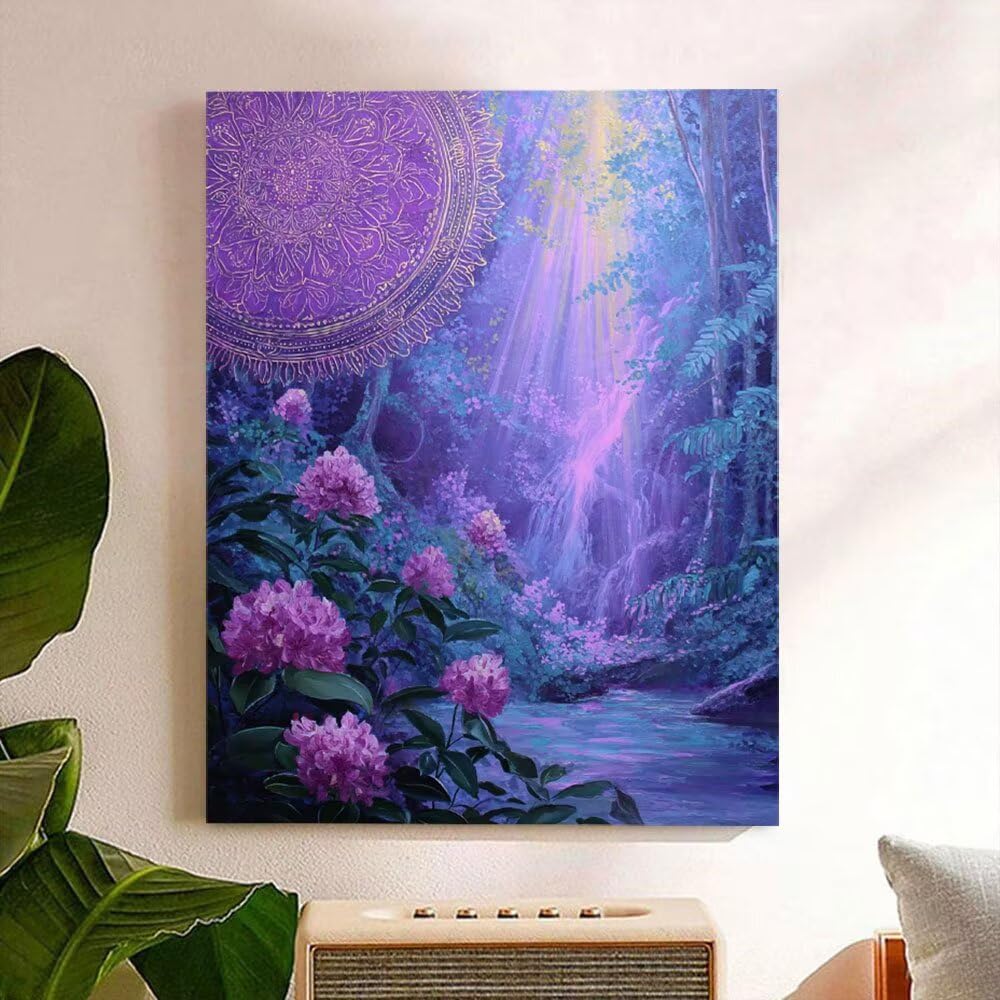 Malen Nach Zahlen Erwachsene DIY Komplettset - Hochwertige Acrylfarben & Leinwand - Entspannendes Kunsthandwerk für Anfänger & Fortgeschrittene Ideales Home Deko Purple Falls Motiv (80x100cm) C-1001