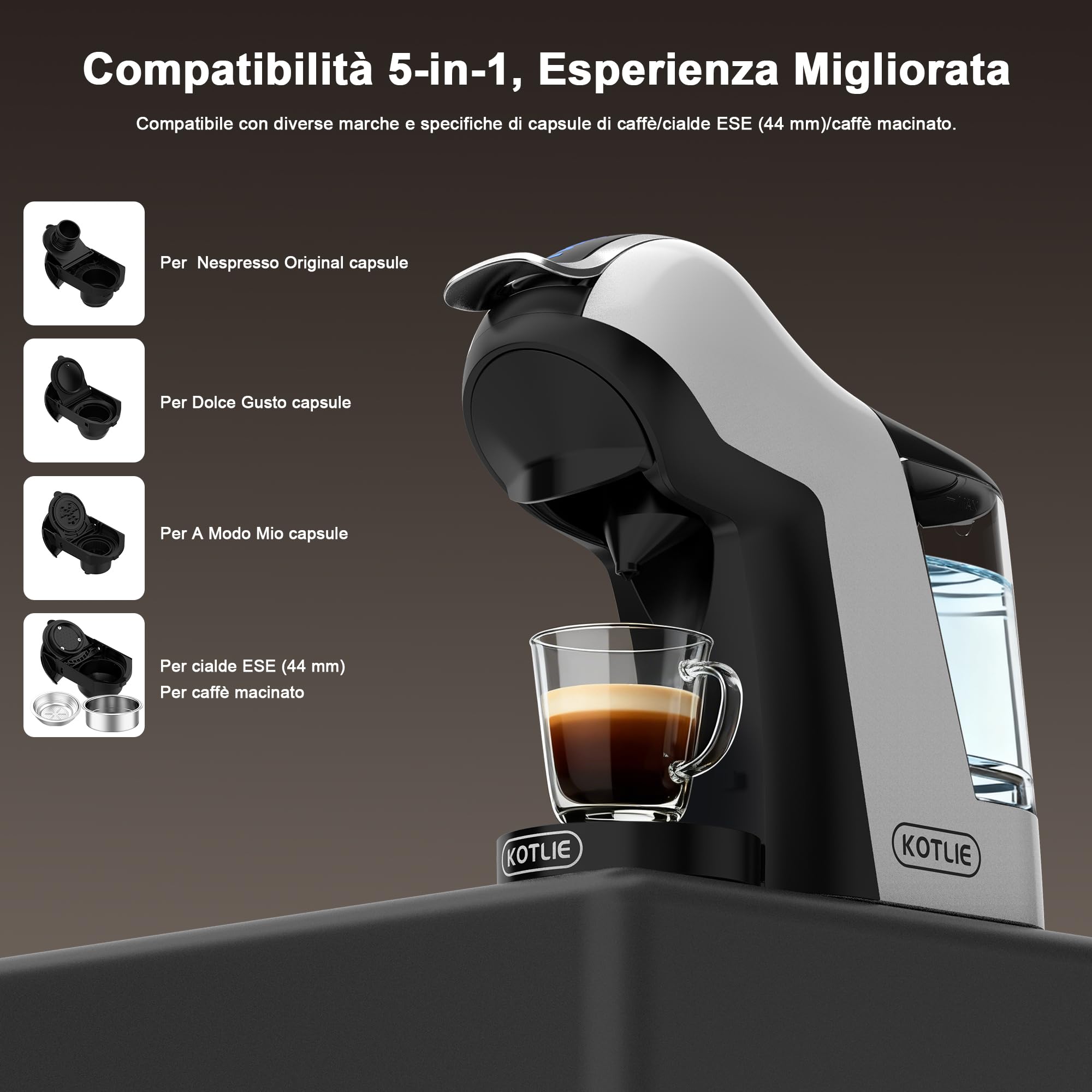 KOTLIE EM-308B Macchina da caffè a capsule NES/DG/MIO/ESE e caffè macinato, serbatoio d'acqua da 1 litro, 3 temperature di infusione, ideale per cucina, appartamento e ufficio