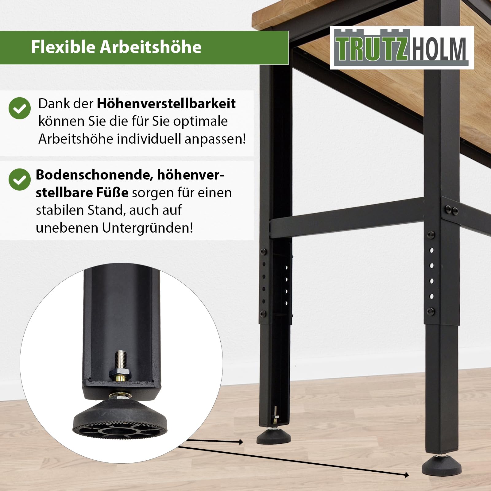 TRUTZHOLM Professionelle Werkbank bis 500 kg belastbar Werktisch Arbeitstisch Massive Arbeitsplatte Stecksystem Montagebank höhenverstellbar Werkstatttisch (135x46x88/97 cm | 300 kg Tragkraft)