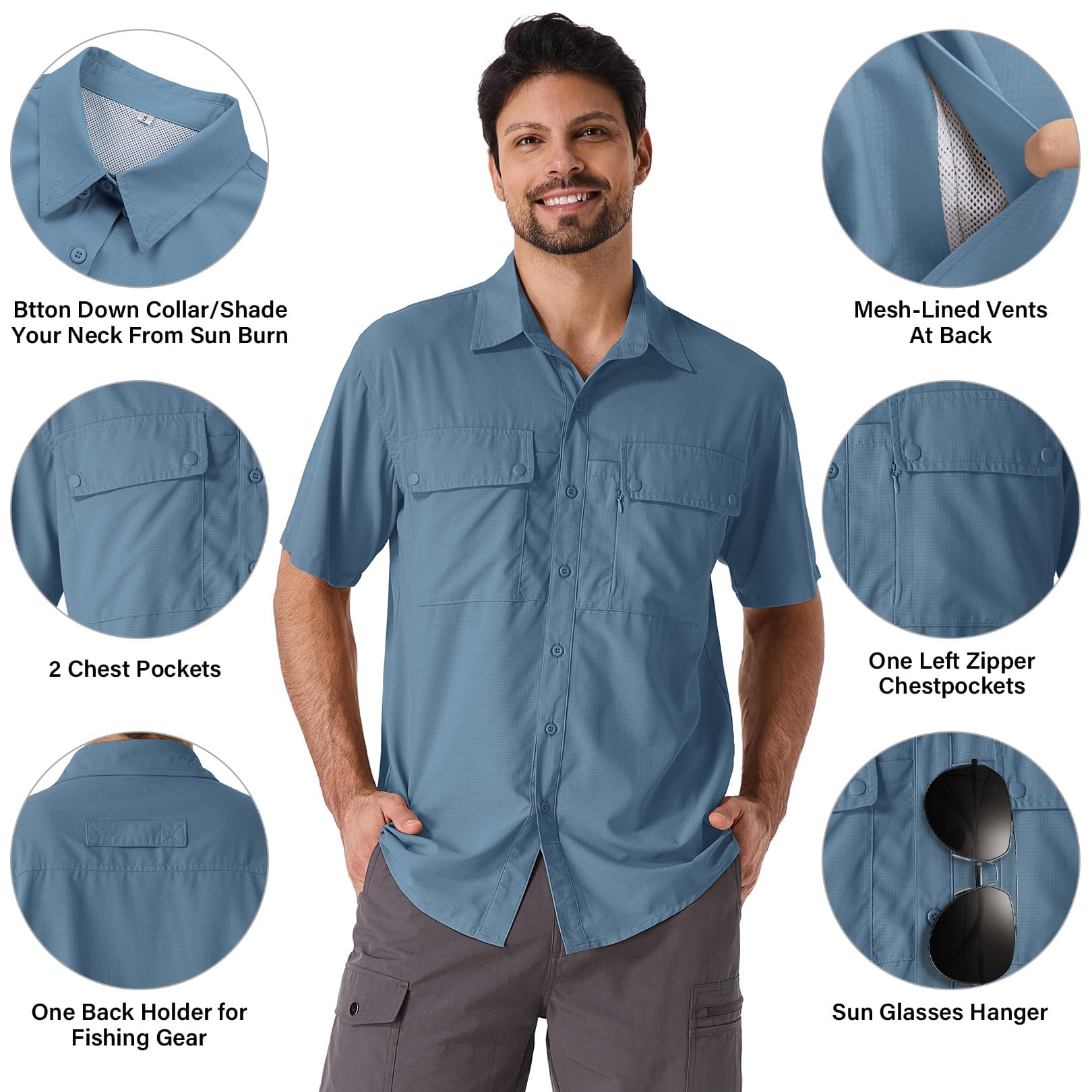 Camicia da uomo a maniche corte Safari UPF50+, protezione UV, da trekking, da uomo, traspirante, ad asciugatura rapida