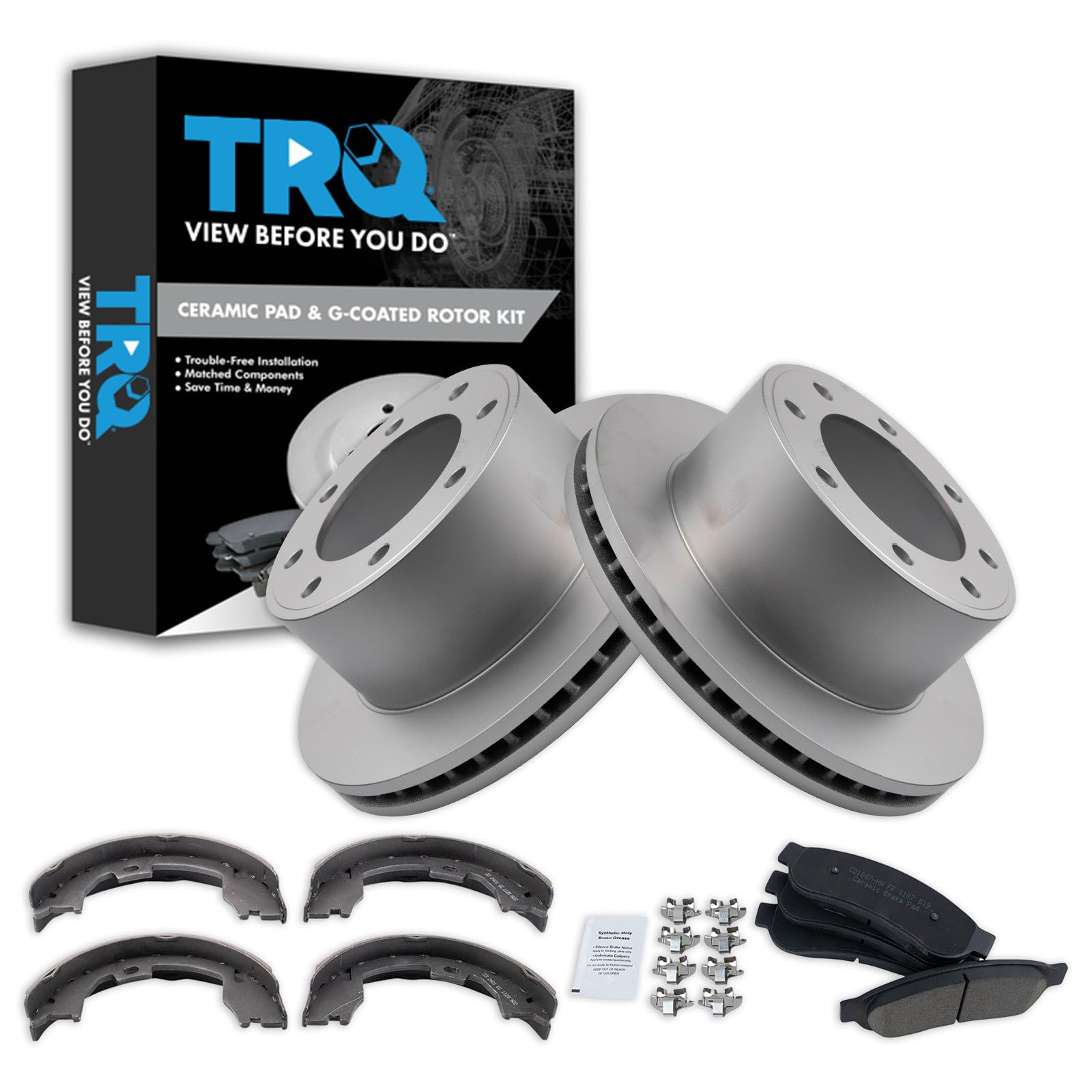 TRQ Rear Brake Pad &amp; Rotor Kit Parking Brake Shoe Set Ceramic Premium G-Coated Compatible with 2008-2010 Ford F-250 Super Duty 2005-2012 F-350 Super Duty