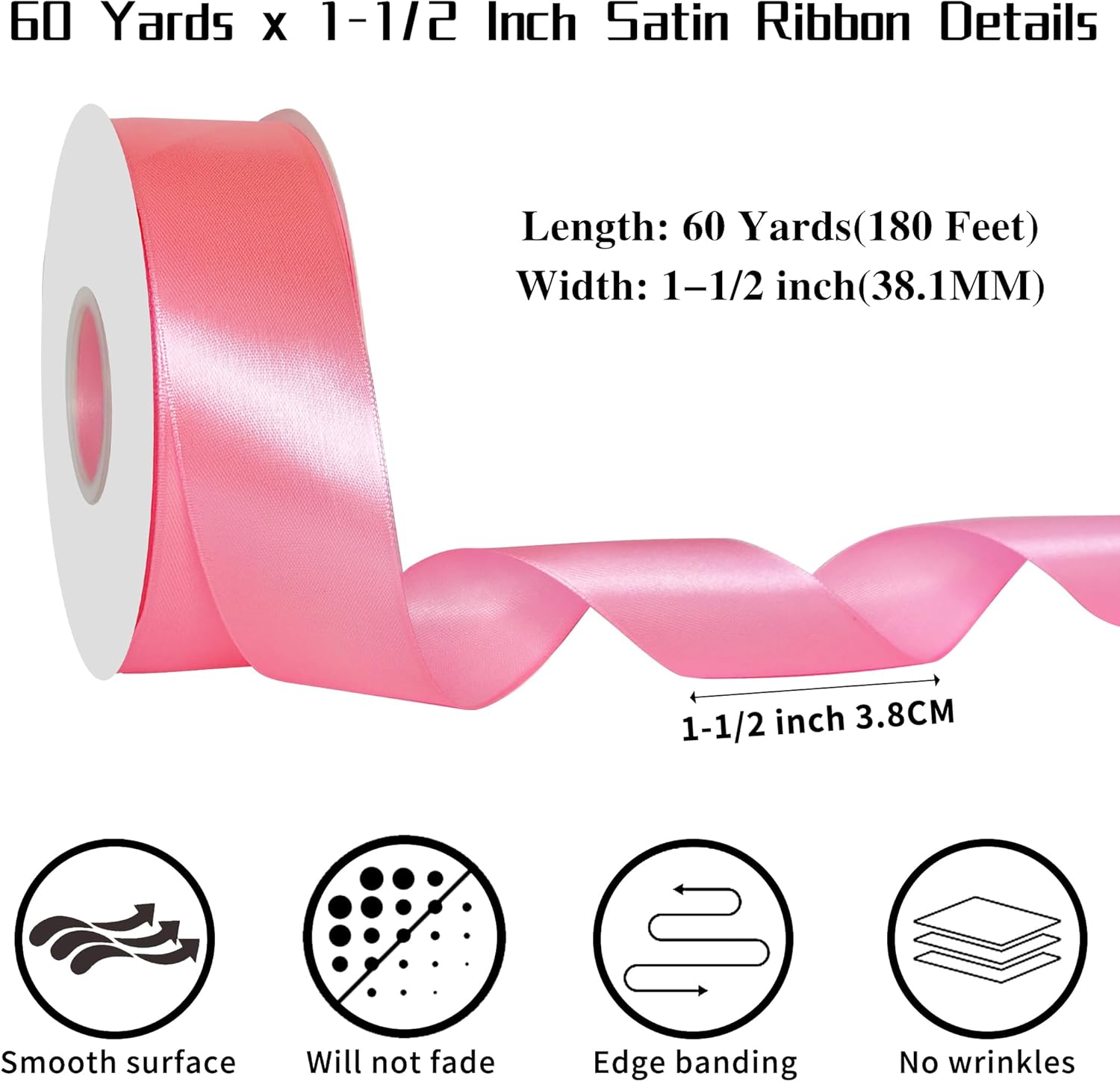 Pink Christmas Satin Ribbon – 60 Yards x 1-1/2 Inch Soft, Non-Fading Ribbon for Gift Wrapping, Christmas Tree Decor, Bows, Holiday Crafts, DIY Projects, Flower Arrangements & Hair Accessories thumbnail
