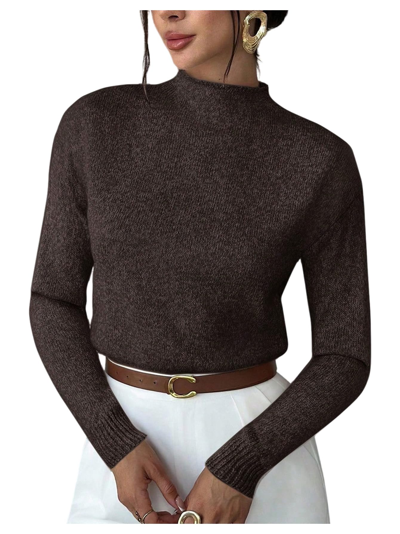 Milumia Womens Ribbed Knit Mock Neck Long Sleeve Cropped Sweater Going Out Crop Tops