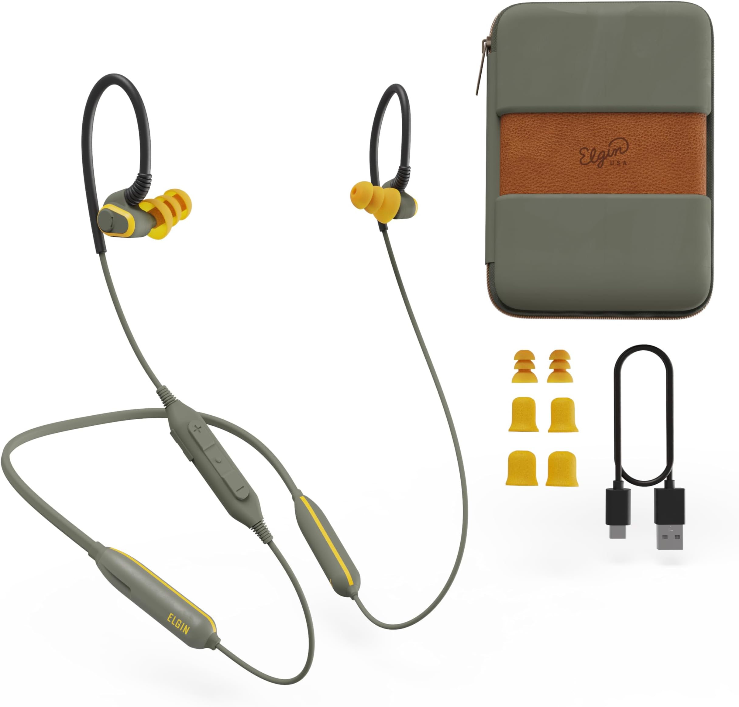 - Elgin Rumble Bluetooth Earplug Earbuds, 27 dB Noise Reduction Wireless Headphones with Noise Cancelling Mic, 20 Hour Battery Life, IP67 Waterproof, OSHA Compliant Hearing Protection for Work