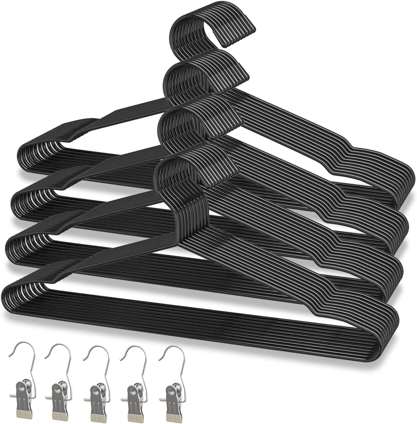 Juego de 40 perchas + 5 clips, perchas de metal negro mate resistentes de 16.69 pulgadas, soporta 50 libras de peso, acabado con recubrimiento en