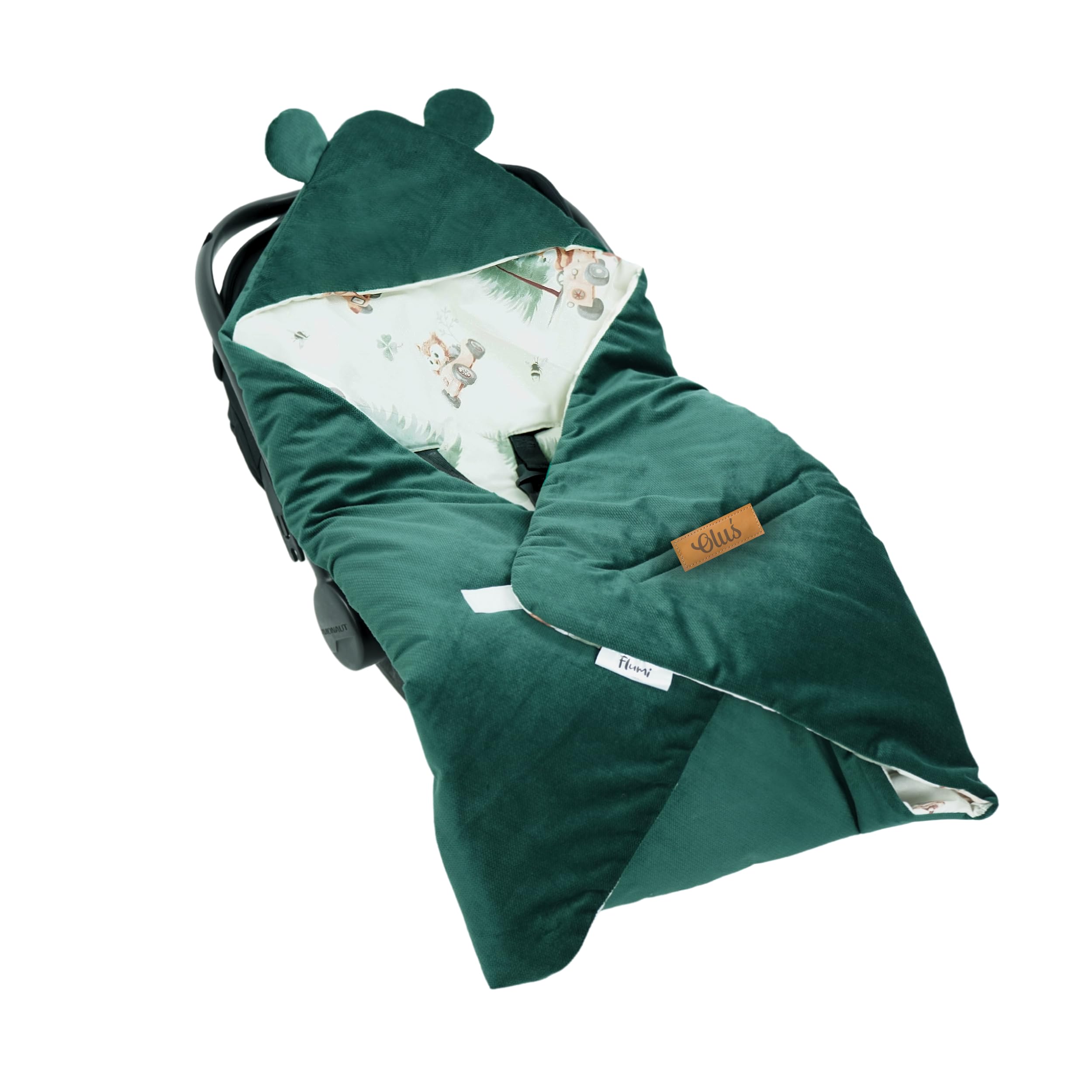 Flumi Couverture Enveloppante Bébé pour Siège Auto, Poussette et Nacelle – Capuche, Ouvertures Harnais, Lavable, Personnalisation Prénom (Animaux Verts)