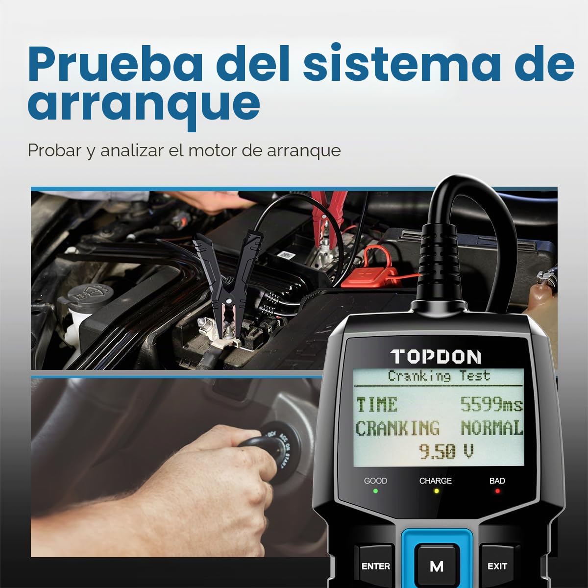 TOPDON Comprobador de Baterias de Coche BT100, Comprobador de Baterias 12V 100-2000CCA, Prueba de Arranque del Motor y Prueba del Sistema de Carga Para Coche, ATV, SUV, Camión y Barco
