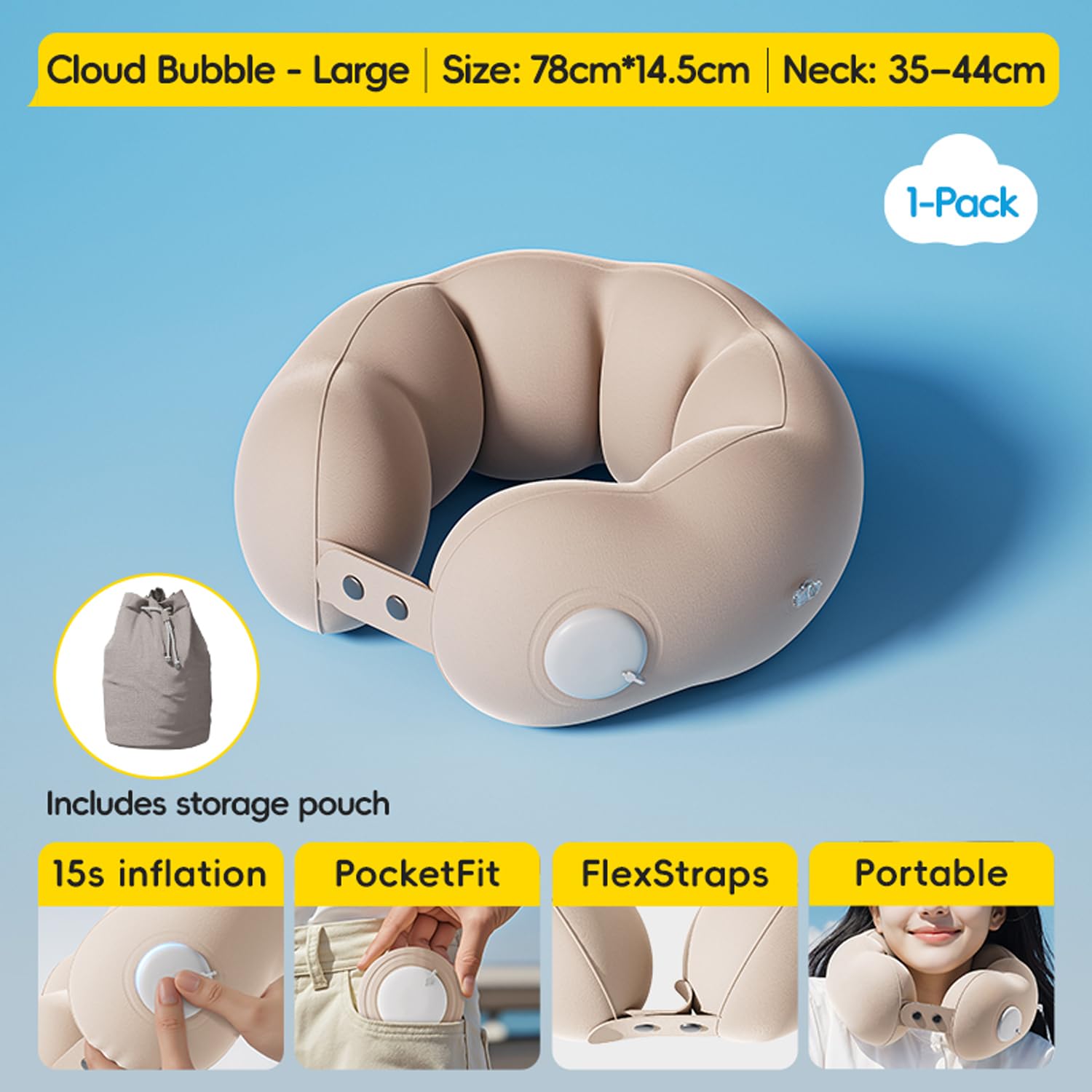 Houtclort Inflatable Travel Neck Pillow for Airplane Train Car Washable Pillowcase U Shaped Office Napping Pillow, Adjustable and Soft (L (30.7 x 5.7 inches))