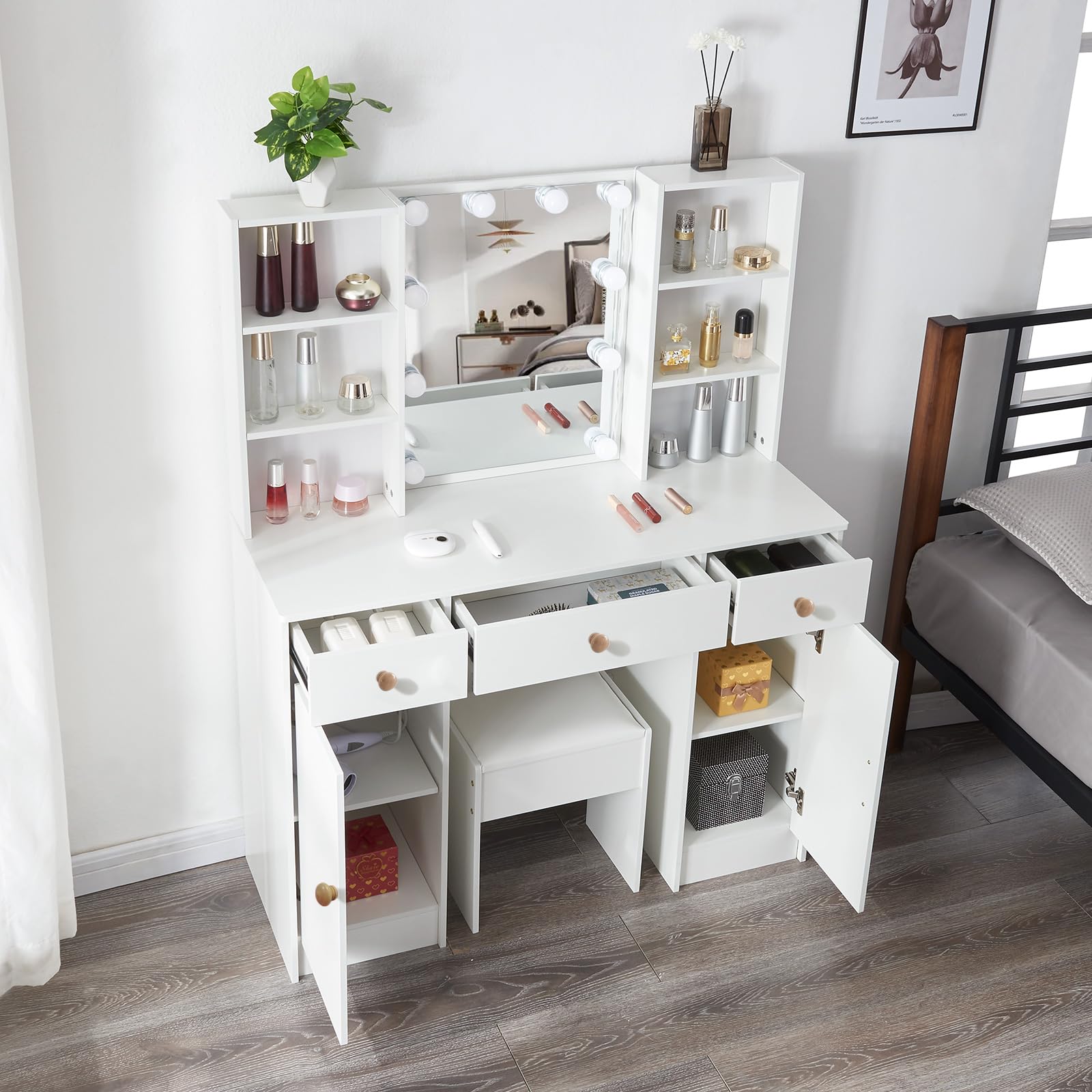 Xinhonglei Makeup Vanity Desk with Lights, Modern Vanity Table with Mirror, White Vanity Set Makeup Table with 3 Drawers and 2 Cabinets, Dressing Table with Cushioned Stool