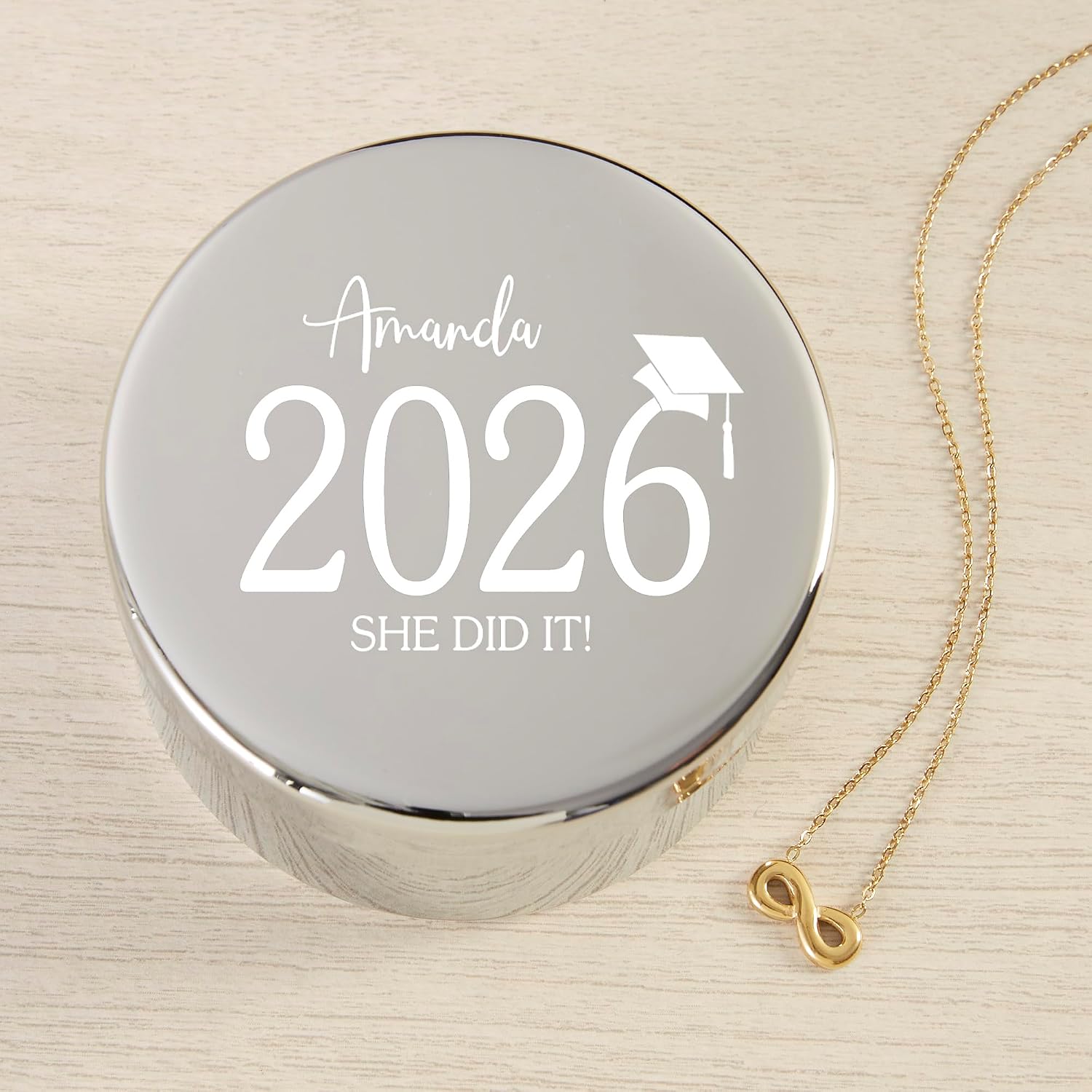 Personalization Universe Classic Graduation Gift Set - Gold Infinity Necklace & Customizable Round Jewelry Box for Women