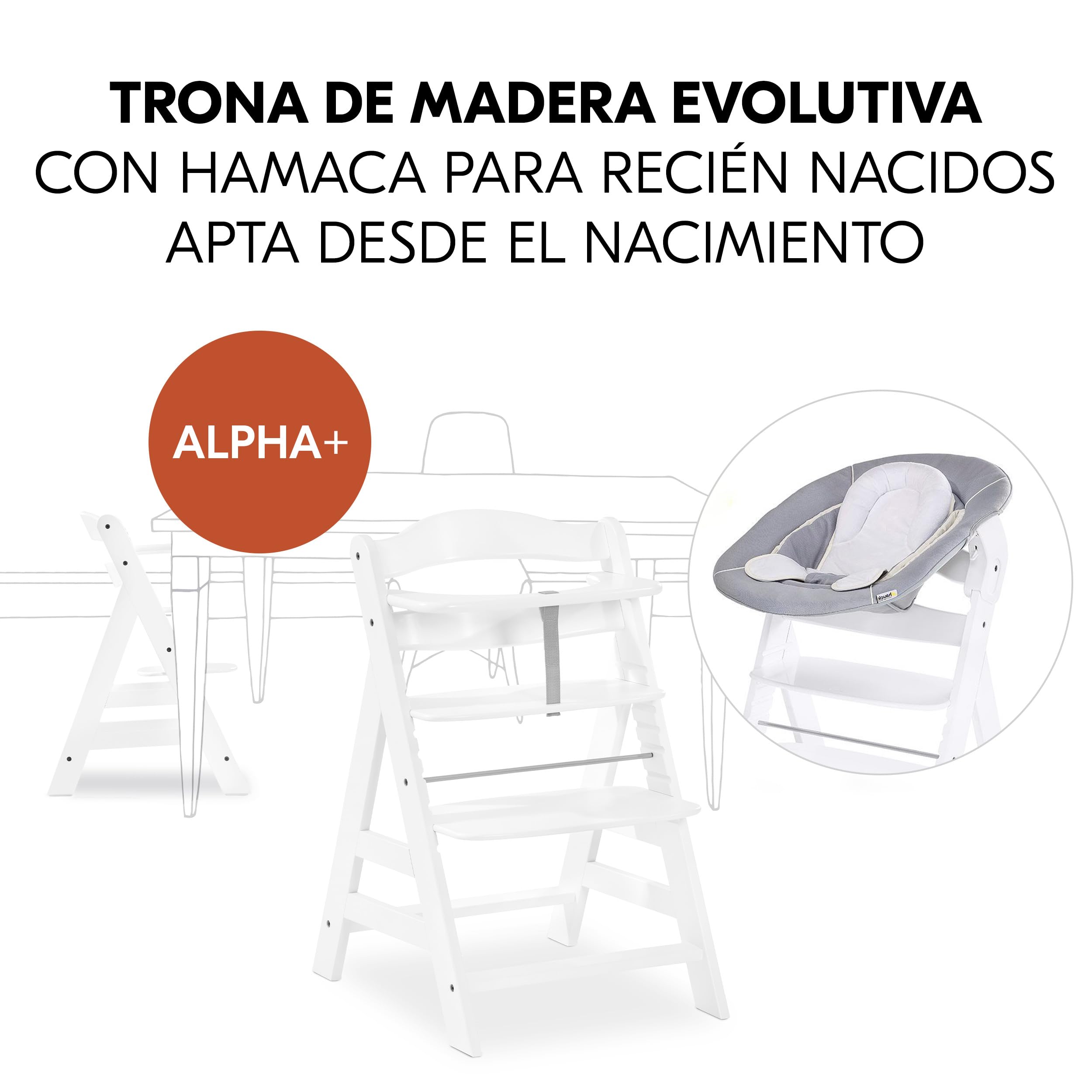 hauck Trona Evolutiva Madera Alpha+ Newborn Set con 2in1 Bouncer - Blanco | Trona de Madera con Hamaca Bebé Apta desde el Nacimiento y Cojín de 2 Piezas