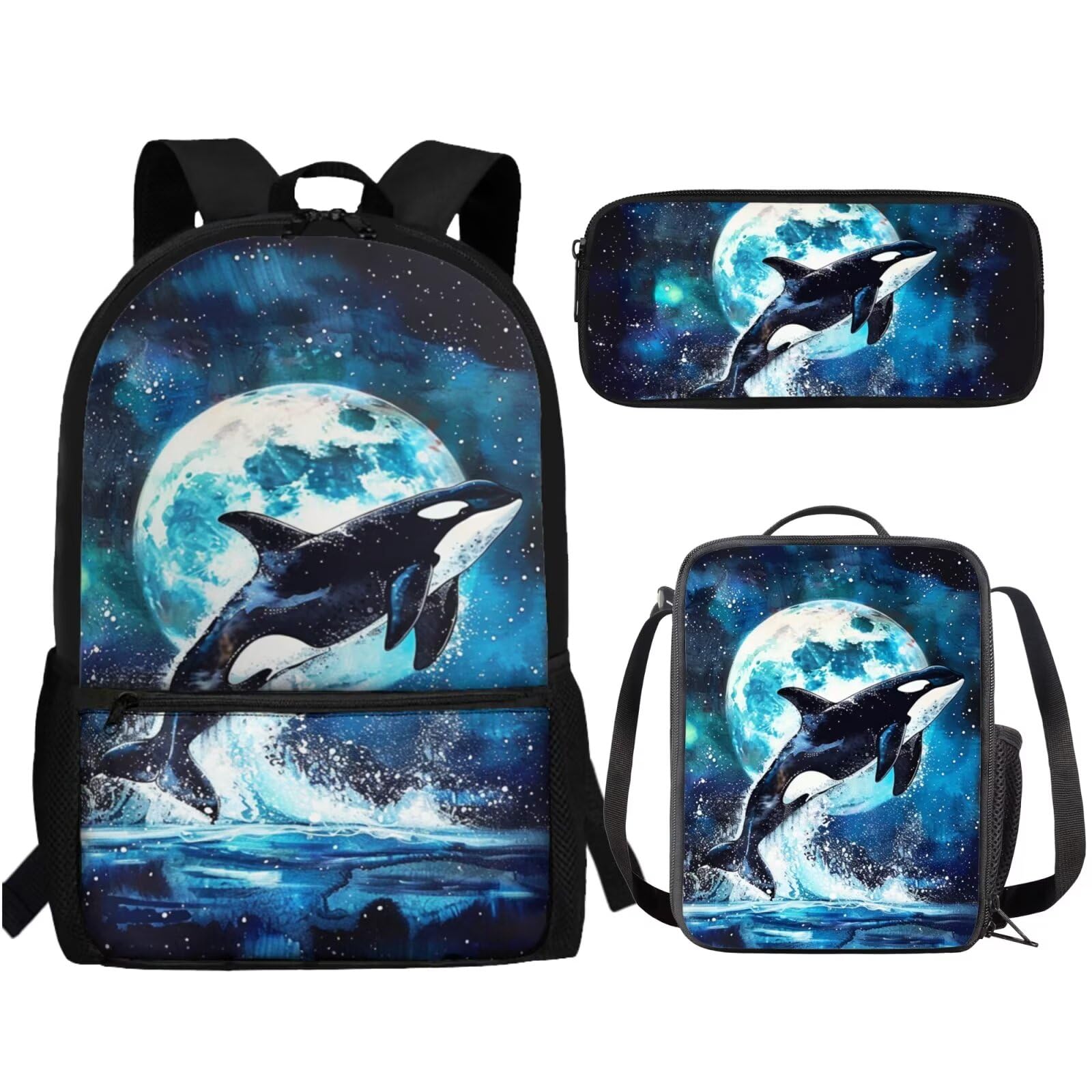 SCRAWLGOD Killer Whale Backpack for School with Lunchbox and Pencil Case Moon Night Kids Bookbag and Lunch Box Set Elementary Schoolbag Lunchbox 3 in