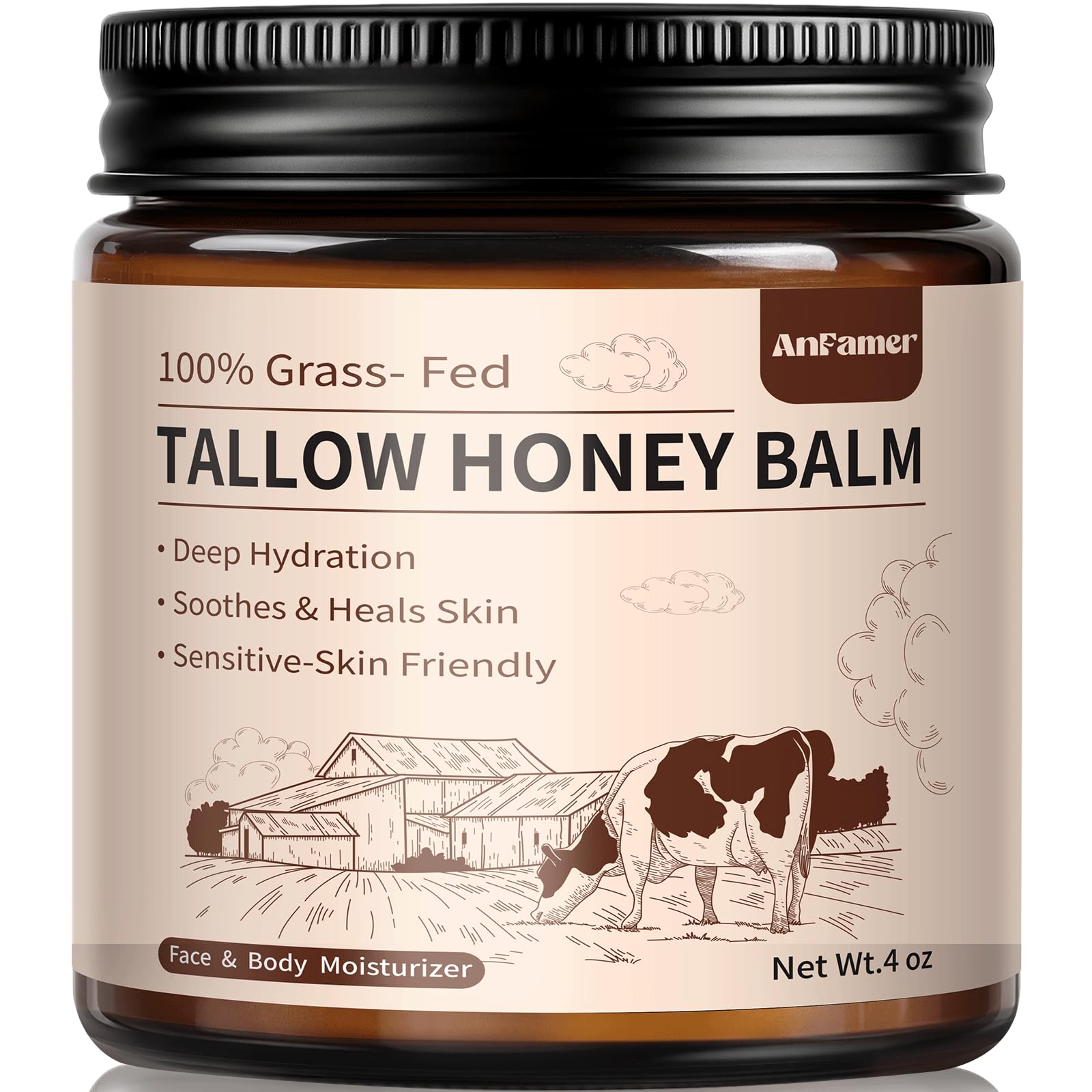 Tallow Honey Balm for Face & Body, 100% Grass-Fed Beef Whipped Tallow Cream with Honey & Beeswax, Deeply Hydrating Natural Moisturizer, Unscented & Fast Absorbing Skin Care, 4 oz
