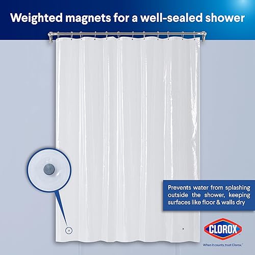 Miniatura 8 de CLOROX Forro de cortina de ducha, peso medio de alta calidad, duradero, impermeable, 0.22 oz de PEVA para baño con imanes pesados, extra largo, 72 x
