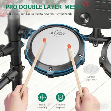 AiJoy Electric Drum Set for Beginners - 4 Quiet Mesh Pads, Dual Zone Snare, 15 Drum Kits & 200+ Sounds, 9.5