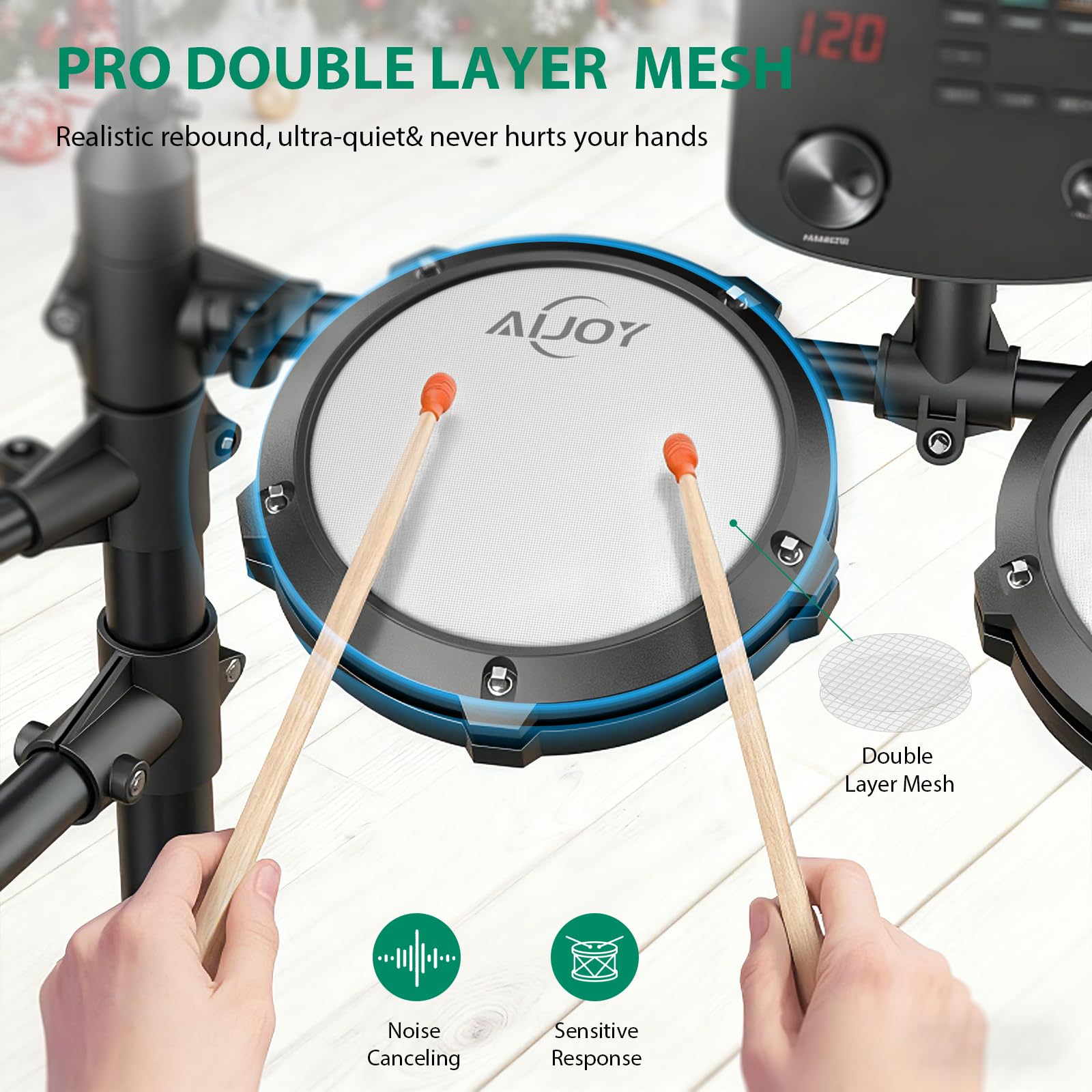 AiJoy Elektrisches Schlagzeug-Set für Anfänger – 4 leise Mesh-Pads, Dual Zone Snare, 15 Schlagzeug-Kits & 200+ Sounds, 9,5-Zoll-Becken, inklusive Thron, Sticks & Kopfhörer, perfektes Kit zum Üben