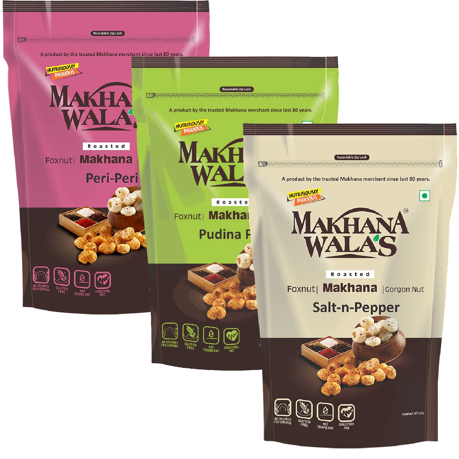 MAKHANA WALAS Tangy Tasty Roasted Makhana, Foxnuts, Gorgon Nut, Lotus Seeds (Combo of Peri-Peri, Pudina Punch and Salt and Pepper, 80 g Each) - Pack of 3 (B08BTW3VK4) Amazon Price History, Amazon Price Tracker