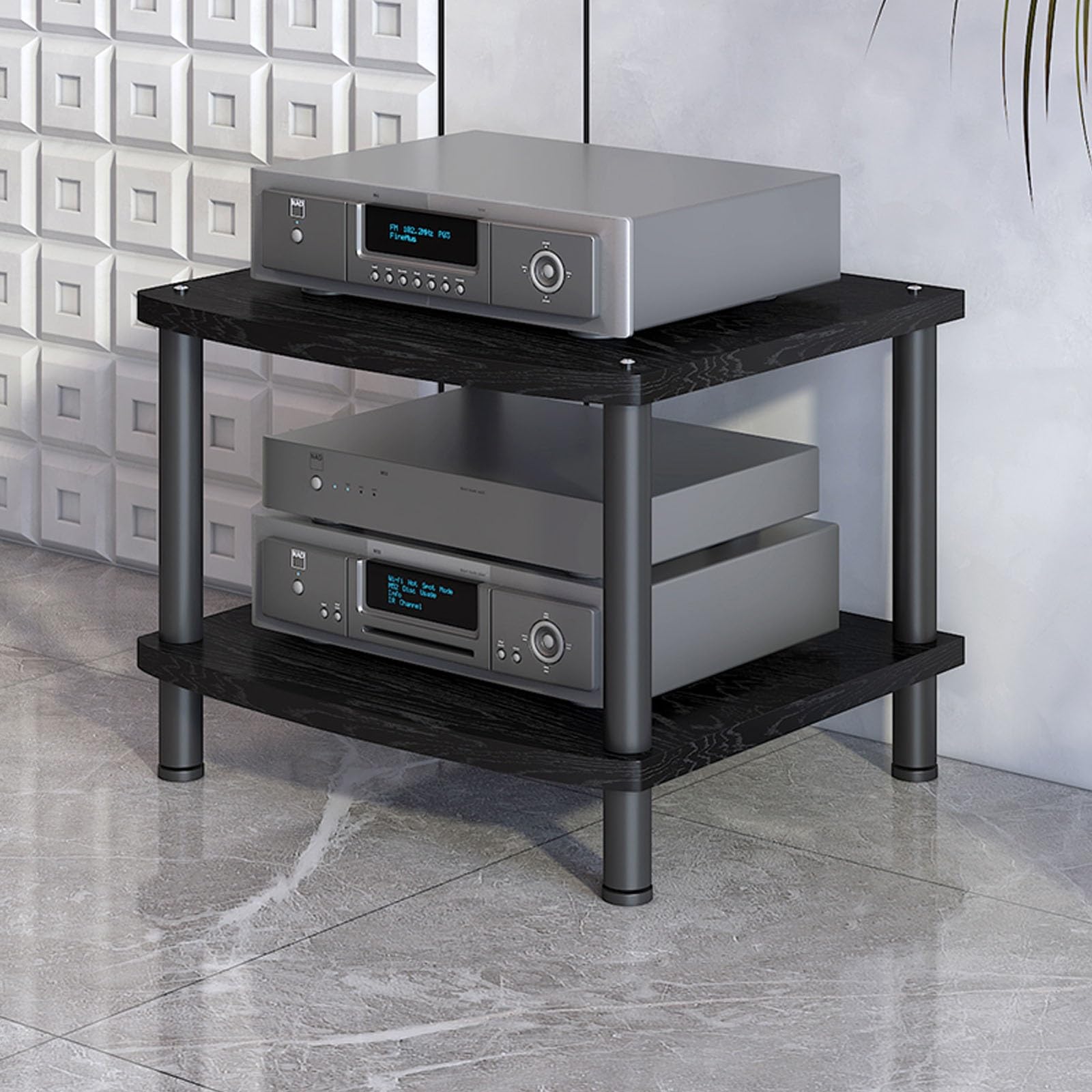 Étagères à 2 Niveaux pour Composants Audio et vidéo - Meuble Professionnel pour Home cinéma et Studio - Support stéréo AV - Tour Audio pour Lecteur CD et Vinyle (Noir)