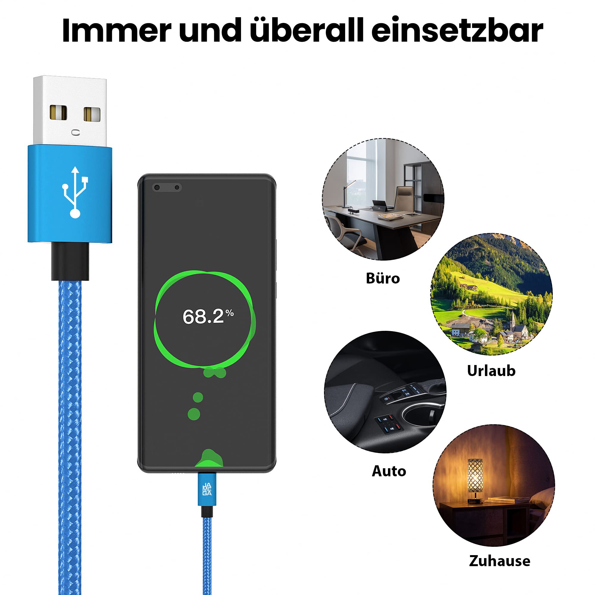 JAMEGA 4-in-1 Micro USB Kabel Set – Geflochten, Robust In Rot (0,5m, 1m, 2m, 3m)
