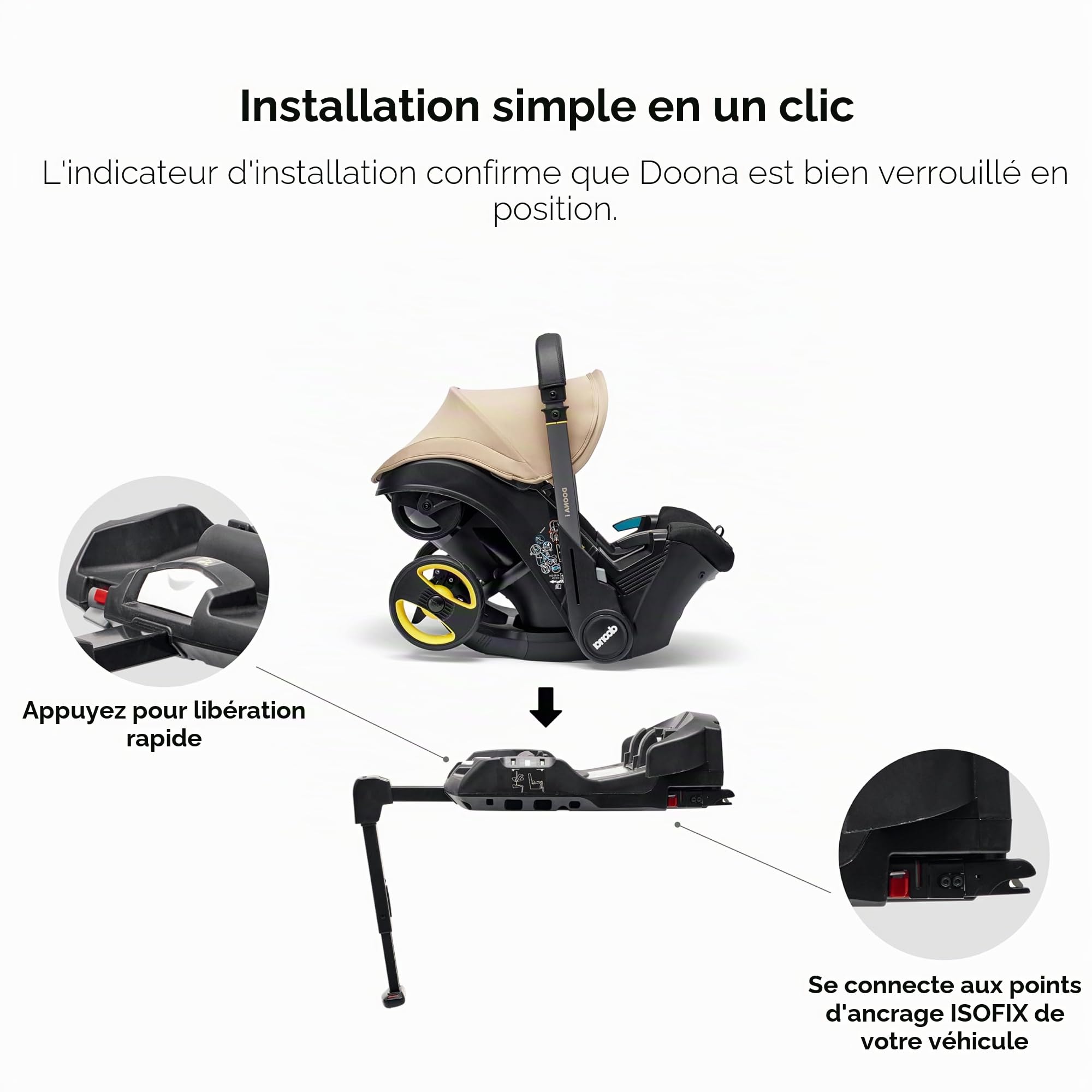 Doona i Base Isofix pour siège auto pour bébé – Kit d'installation Isofix i – Comprend un indicateur d'installation pour confirmer que le siège auto est bien verrouillé en place