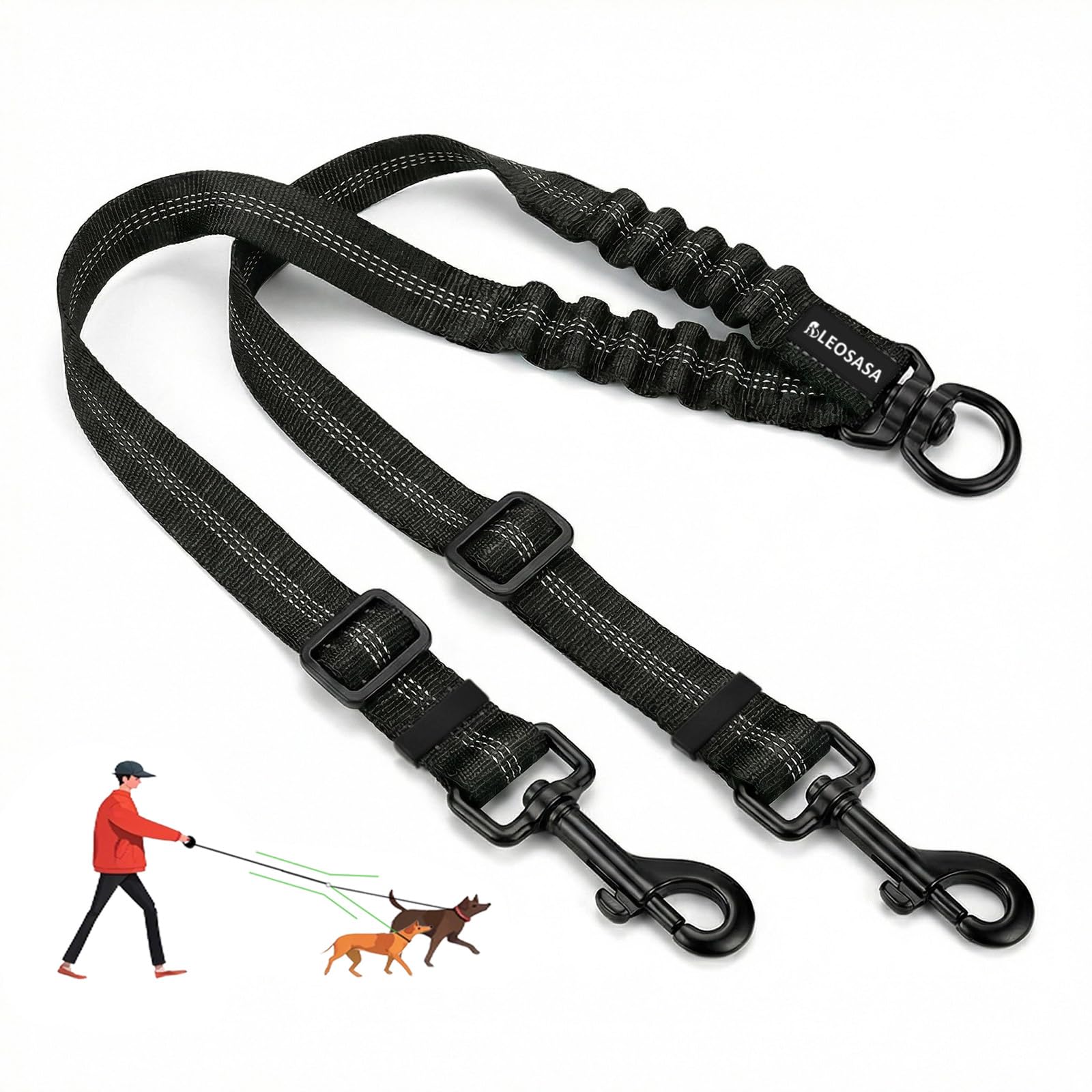 Double Dog Leash for 2 Dogs - No Tangle 360°Swivel Splitter with Reflective Stitching, Adjustable Length and Stretchy Shock-Absorbing Comfort, for Small/Medium Dogs Walking Training (S(2.0cm)