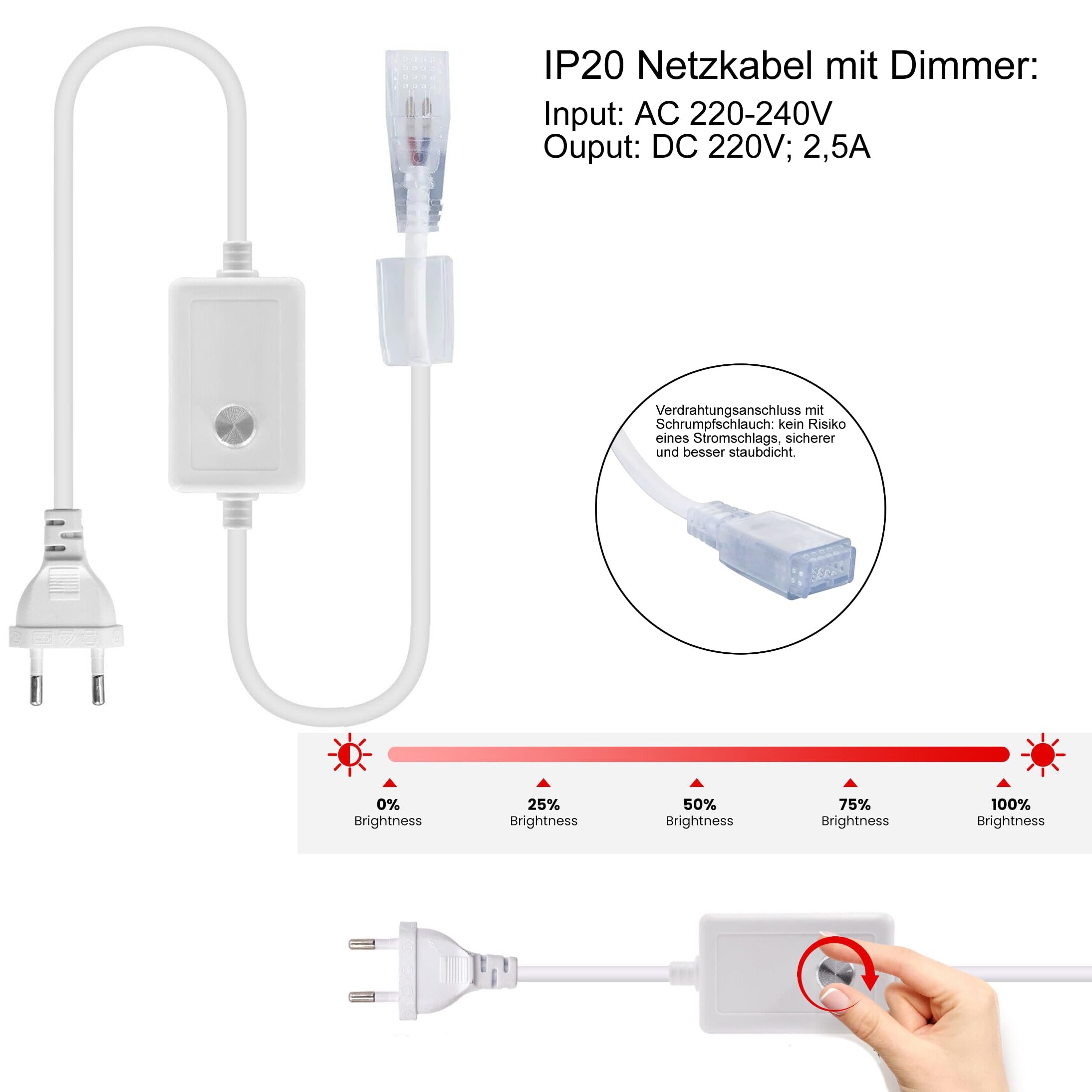 LED COB Strip Streifen (Teilmöglichkeit aller 10 cm) + IP20 Netzkabel mit Eurostecker. (10 Meter, Warmweiß, 240LEDs/M, mit Dimmer)