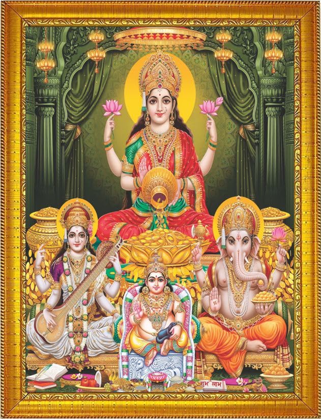 Bhikham Creation 8x12 Inch Maa Lakshmi Kuber Ji Devi Saraswati And Ganesha HD Printed Religious Photo with Frame For Diwali Pooja Wooden Hanging Wall Painting Framed For Home Office Decor
