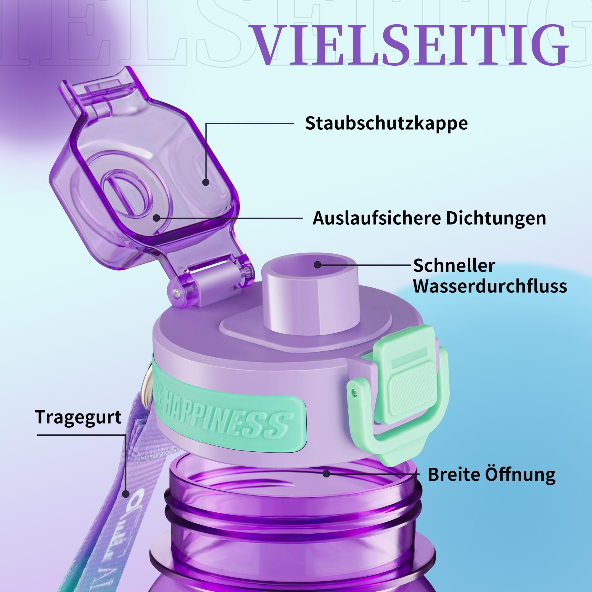 YC Kitchen Borraccia Sportiva Motivazionale 1L - Borraccia 1 litro, Bottiglia d'acqua Sportiva con paglia e trasporto cinghia