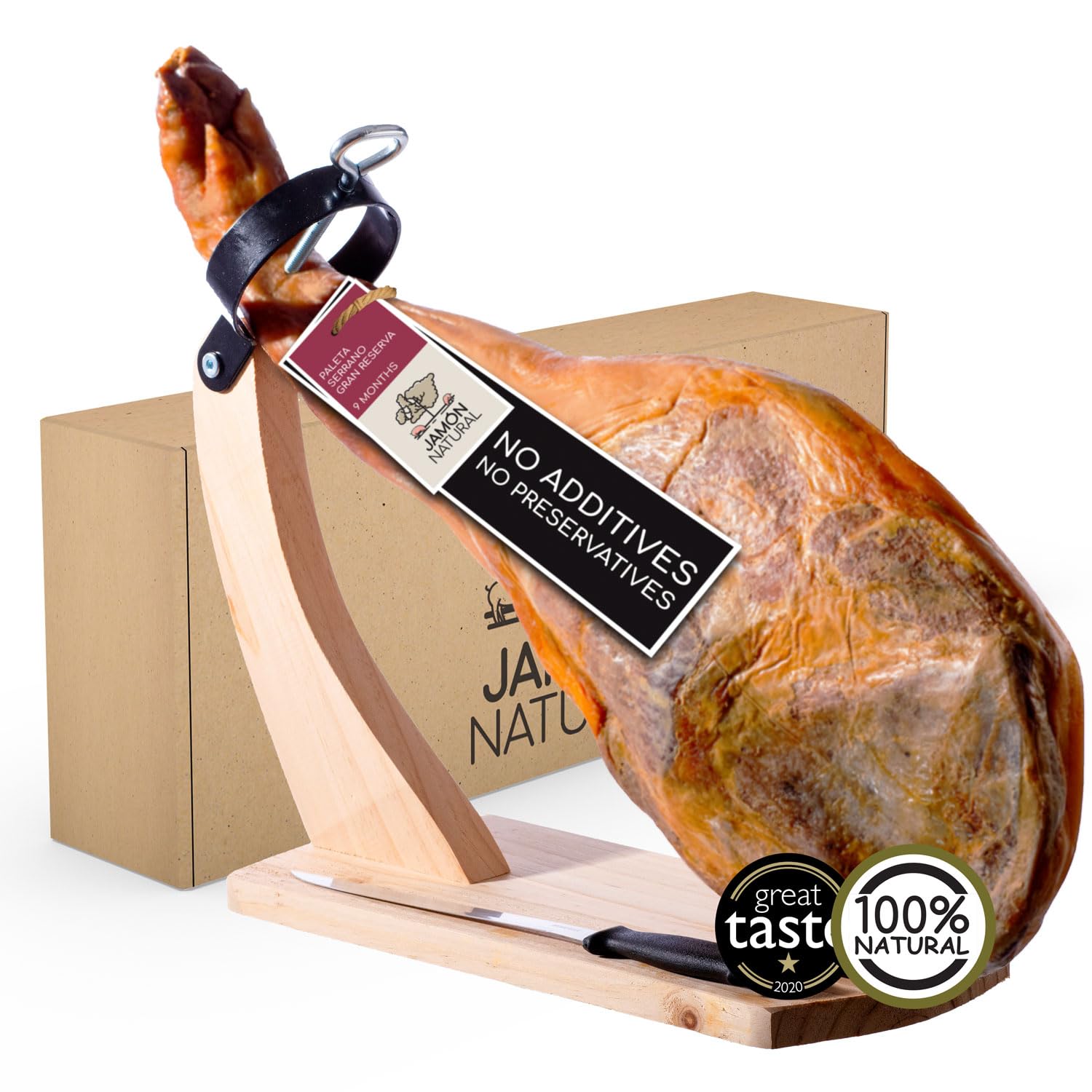 Jamon Serrano Spanischer Schinken-Set | 3,5 kg Paleta Serrano Gran Reserva | 100% Natürlich - Ohne Zusatzstoffe oder Konservierungsmittel | Great Taste Awards 2020 | Gold Star Gewinner Serrano